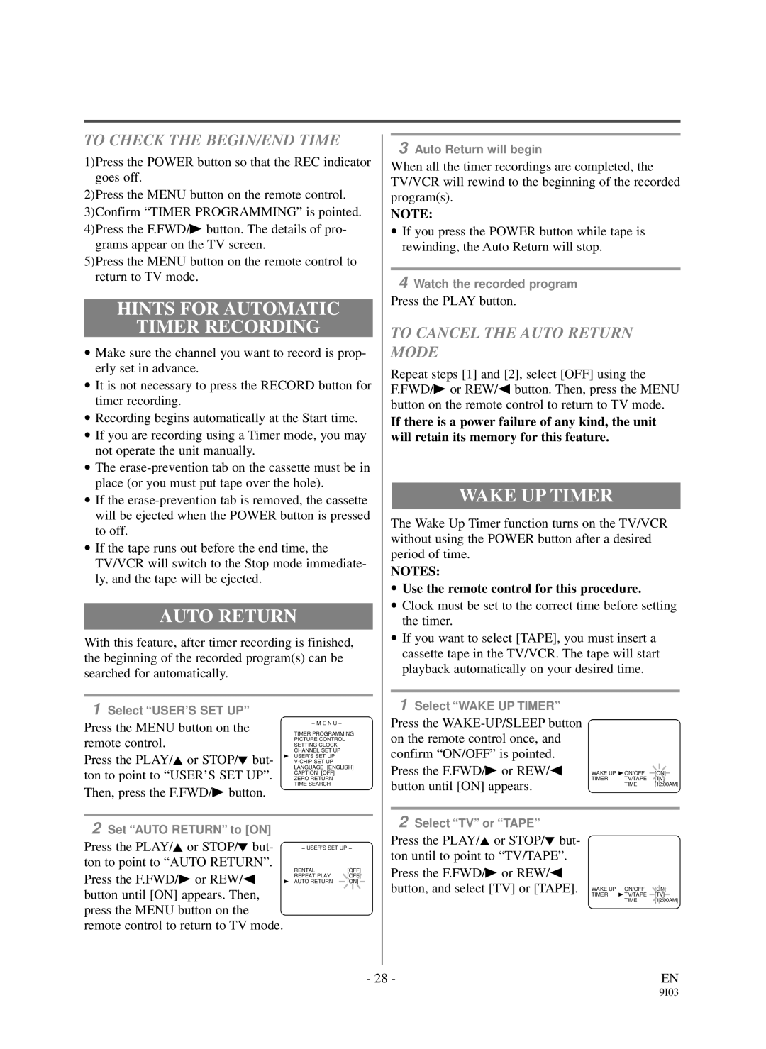 Sylvania DCC1903 owner manual Hints for Automatic Timer Recording, Auto Return, Wake UP Timer, To Check the BEGIN/END Time 