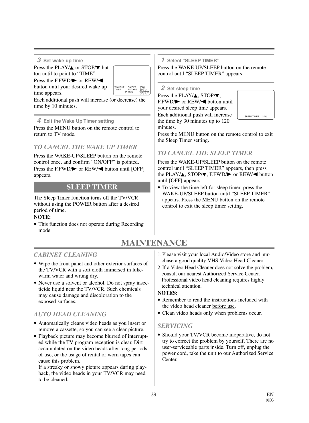 Sylvania DCC1903 owner manual Maintenance, Sleep Timer 