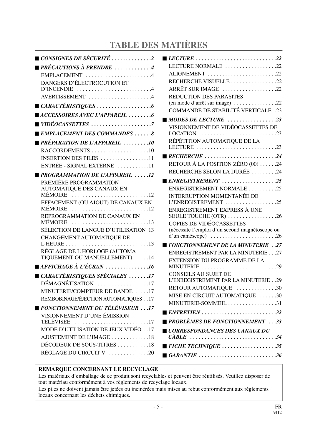 Sylvania DCC1903 owner manual Table DES Matières, Remarque Concernant LE Recyclage 