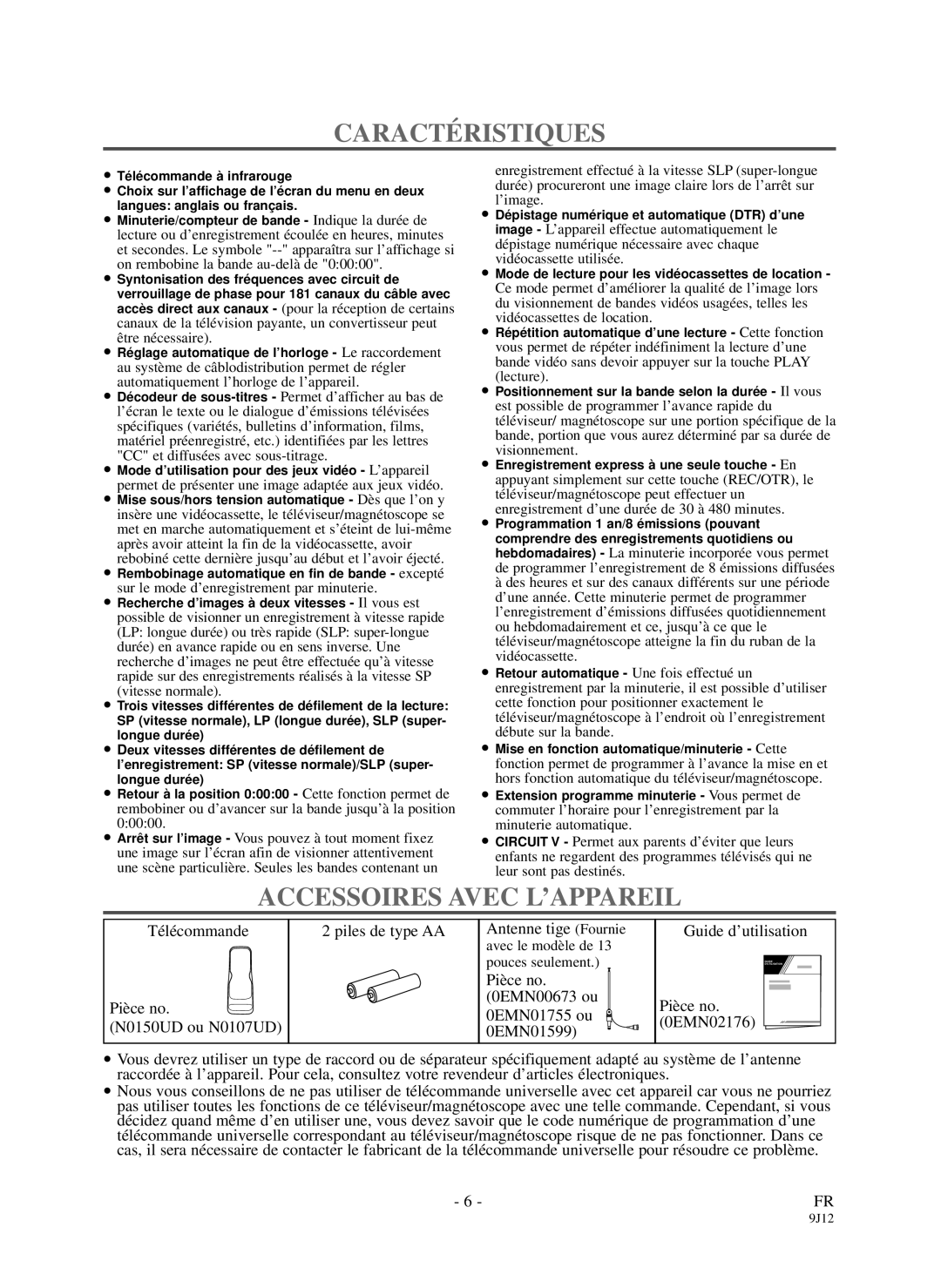 Sylvania DCC1903 owner manual Caractéristiques, Accessoires Avec L’APPAREIL 