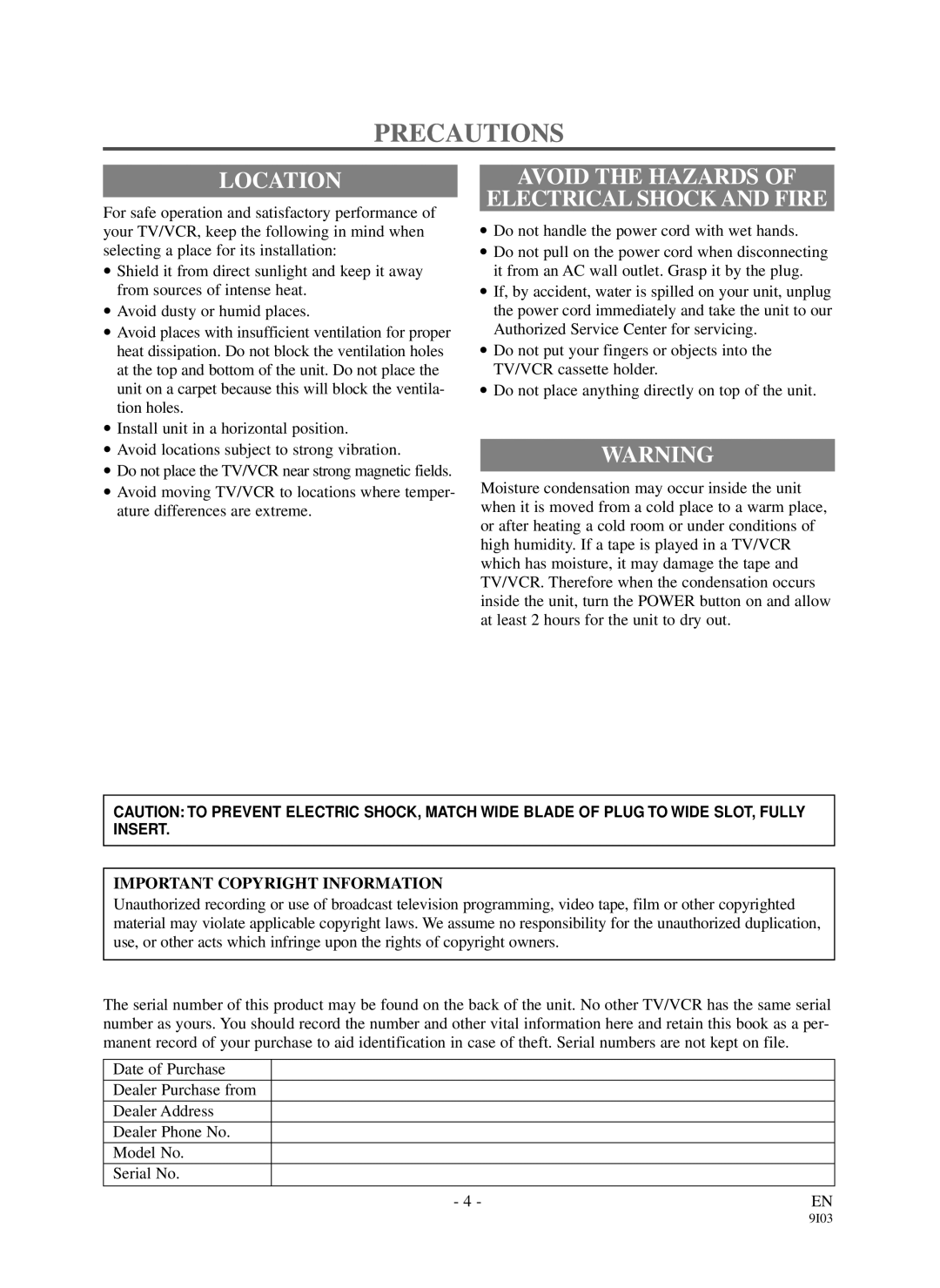 Sylvania DCC1903 Precautions, Location, Avoid the Hazards Electrical Shock and Fire, Important Copyright Information 