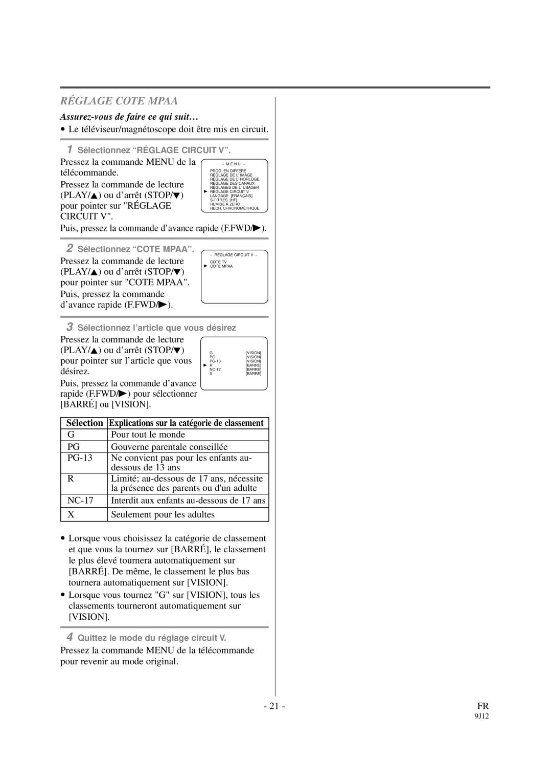 Sylvania DCC1903 owner manual Réglage Cote Mpaa 