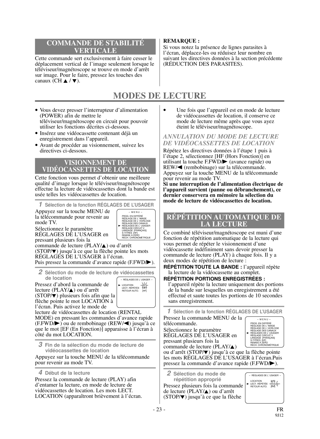 Sylvania DCC1903 owner manual Modes DE Lecture, Commande DE Stabilité Verticale, Visionnement DE Vidéocassettes DE Location 