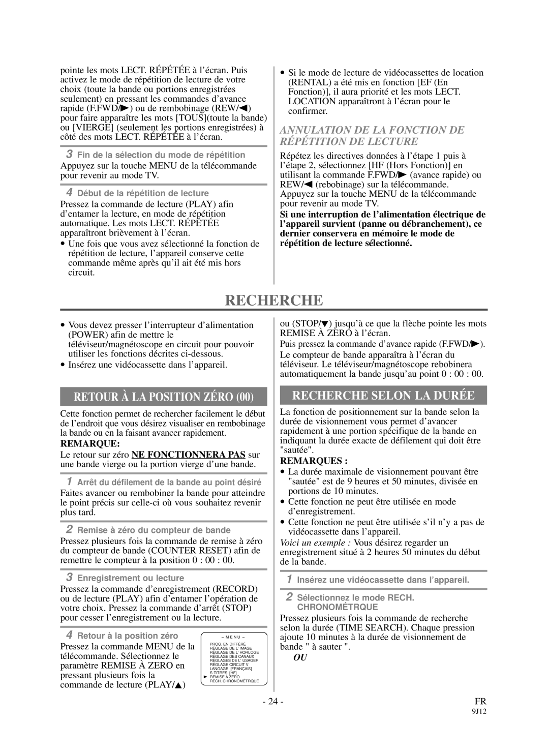 Sylvania DCC1903 owner manual Recherche Selon LA Durée, Annulation DE LA Fonction DE Répétition DE Lecture 