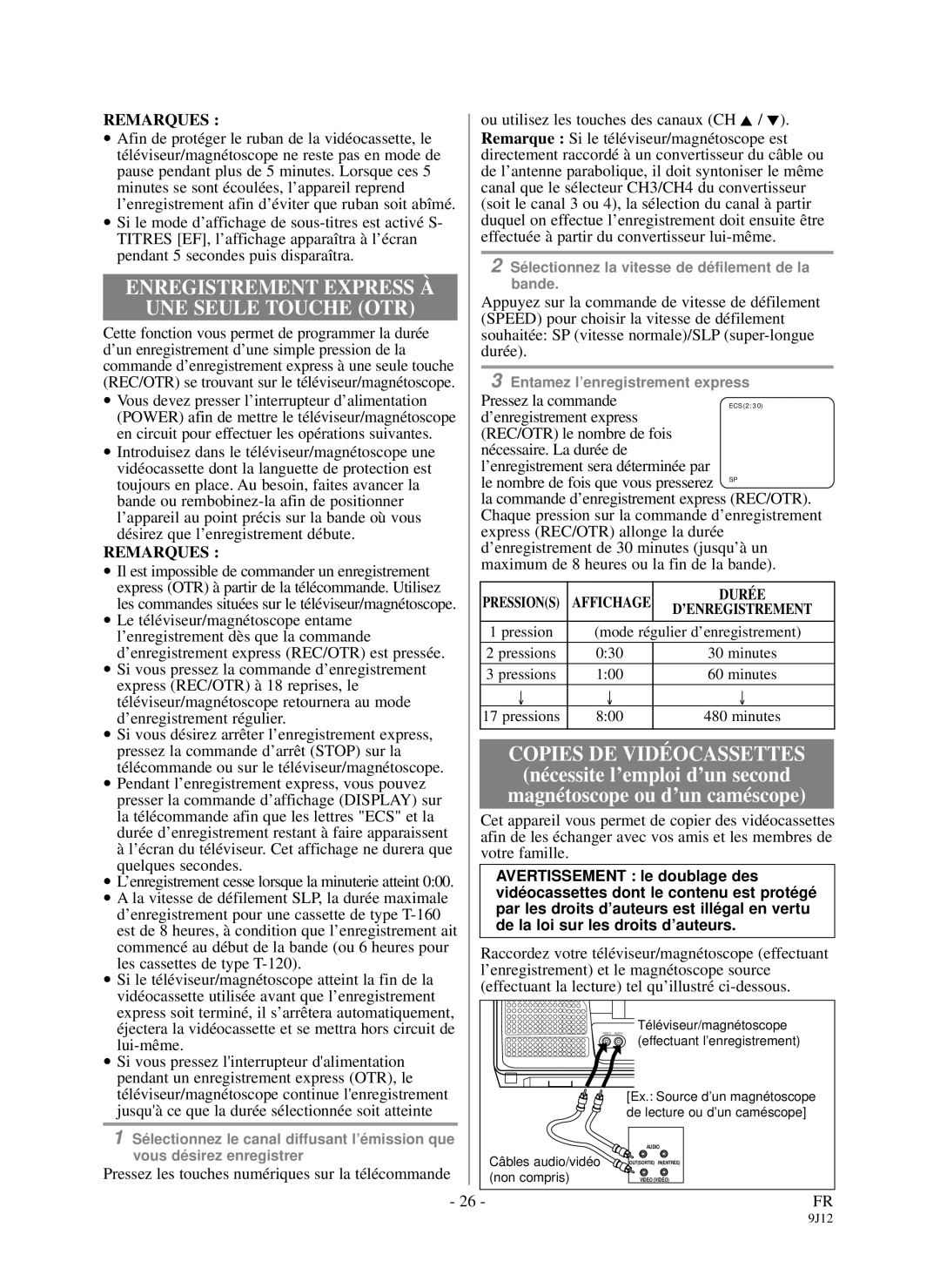 Sylvania DCC1903 owner manual Enregistrement Express À UNE Seule Touche OTR, Durée 