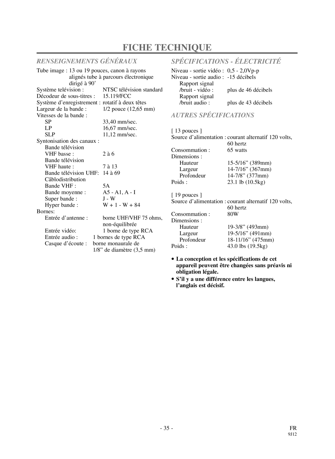 Sylvania DCC1903 owner manual Fiche Technique, Spécifications Électricité, Renseignements Généraux, Autres Spécifications 