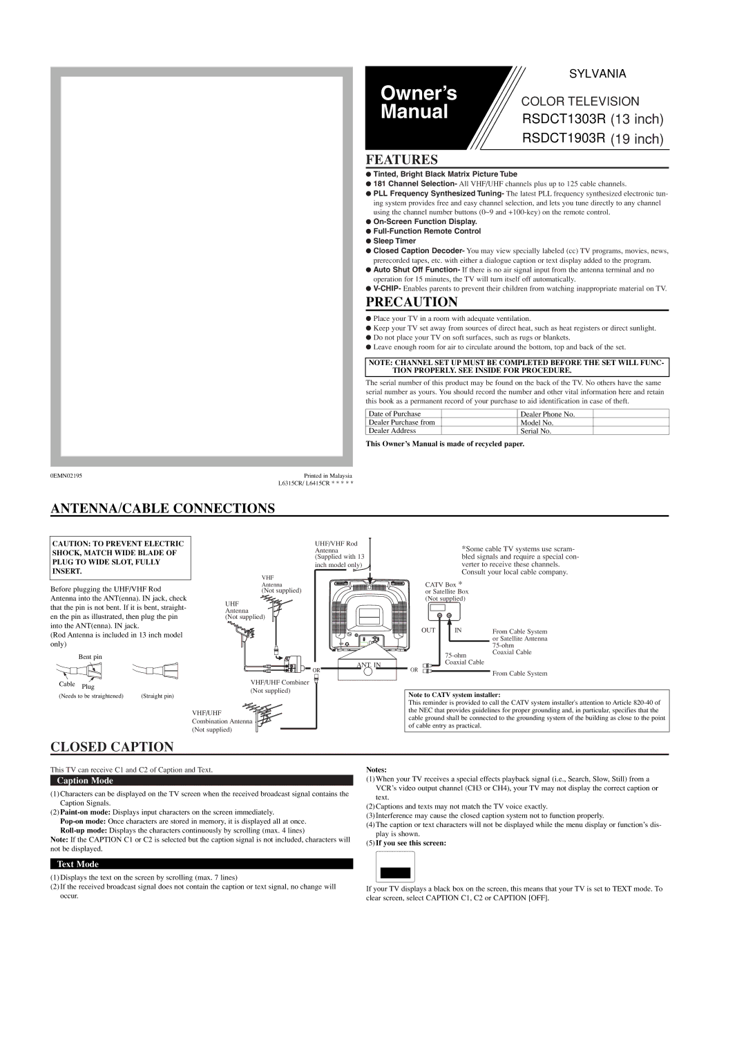 Sylvania DCT1903R owner manual Features, Precaution, ANTENNA/CABLE Connections, Closed Caption 