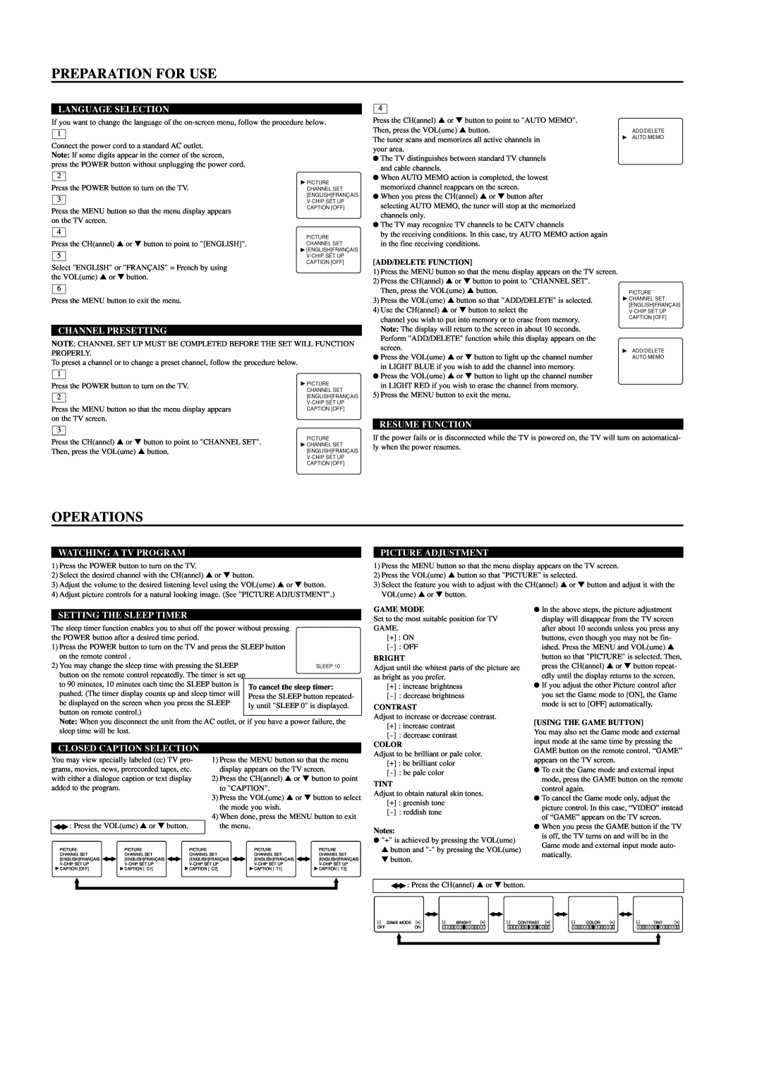 Sylvania DCT1903R Preparation For Use, Operations, Language Selection, Channel Presetting, Resume Function, Game Mode 
