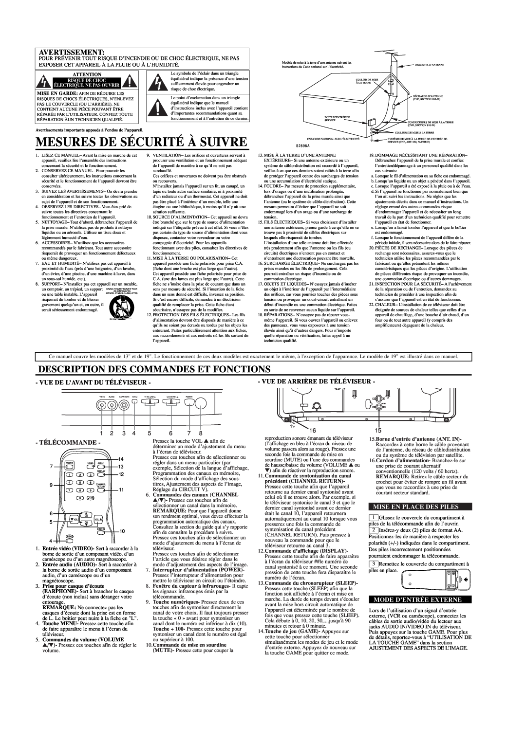 Sylvania DCT1903R Mesures De Sécurité À Suivre, Description Des Commandes Et Fonctions, Avertissement, Télécommande, 1 2 3 