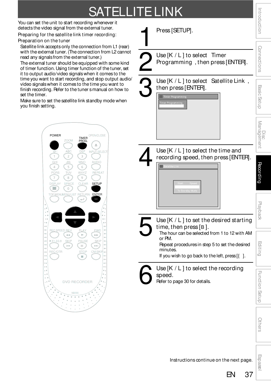 Sylvania DigitalVideoDiscRecorder Satellite Link, Use K / L to set the desired starting time, then press B, Speed 