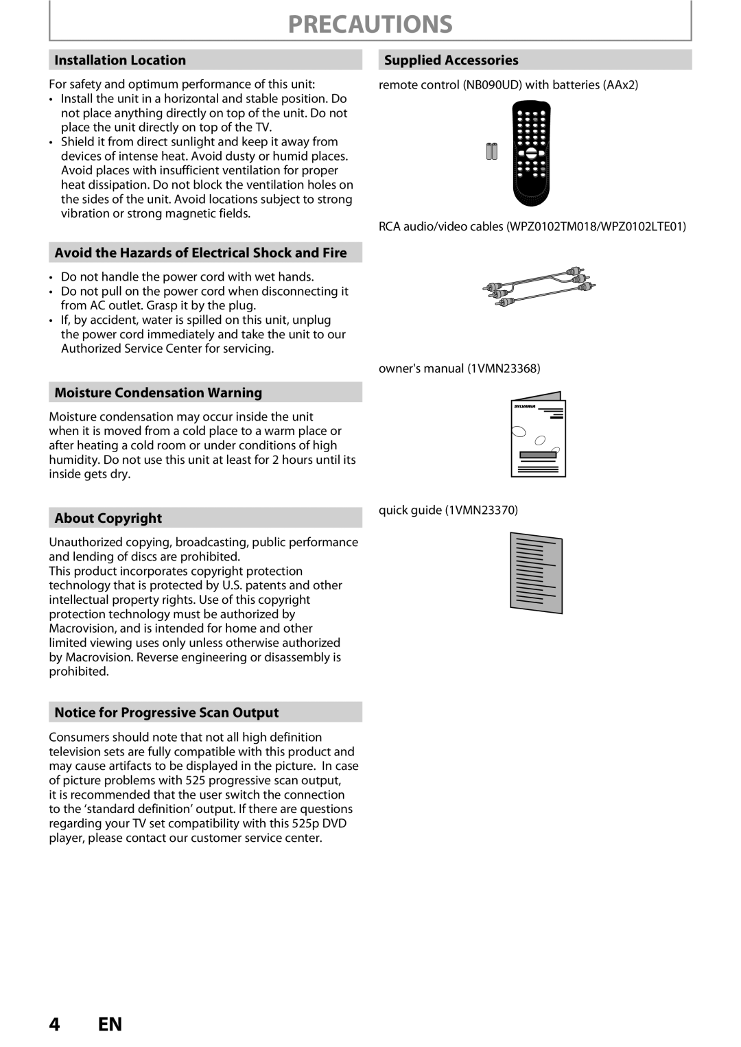 Sylvania DigitalVideoDiscRecorder owner manual Installation Location Supplied Accessories, Moisture Condensation Warning 