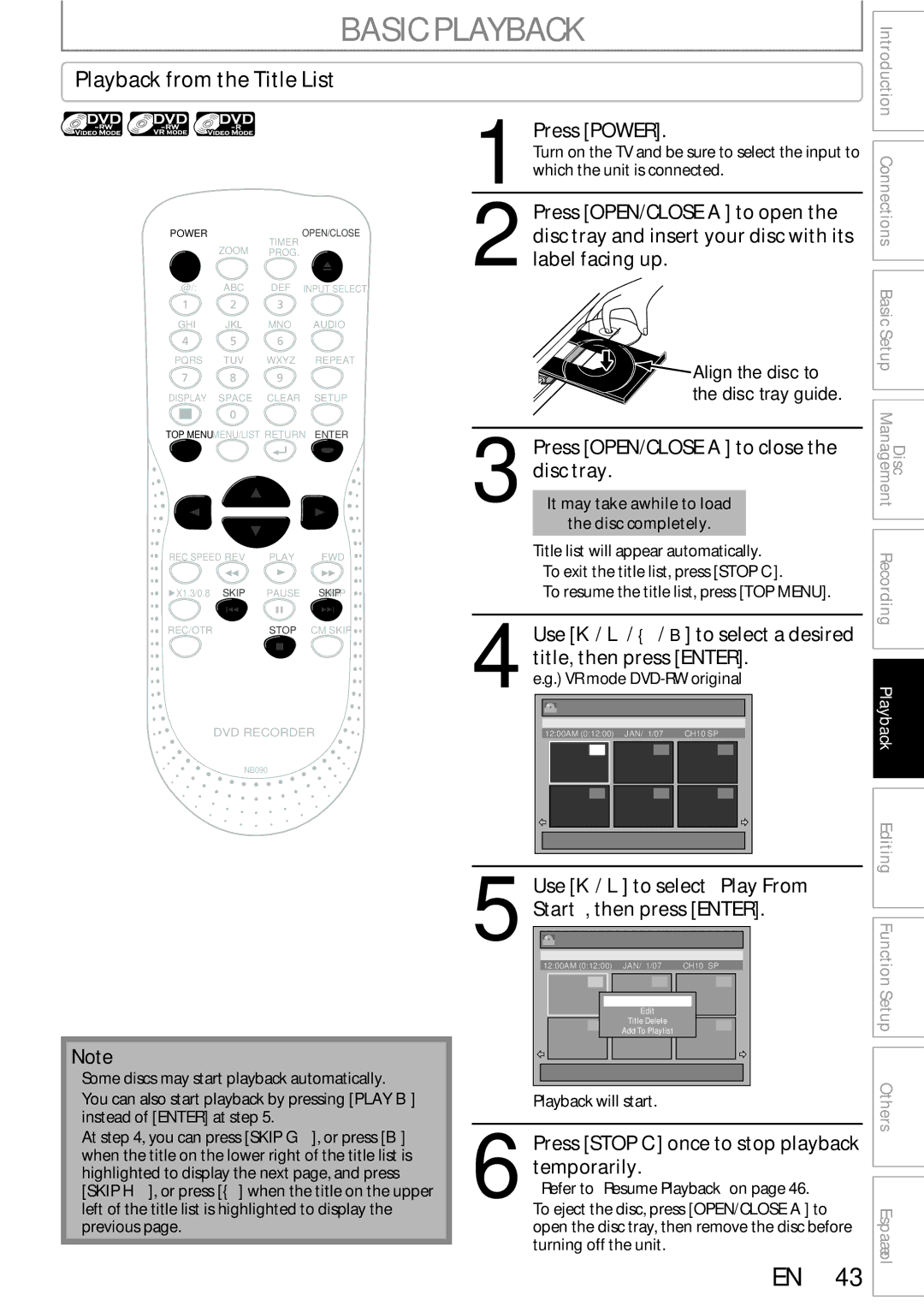 Sylvania DigitalVideoDiscRecorder owner manual Basic Playback, Playback from the Title List, Use K / L to select Play From 