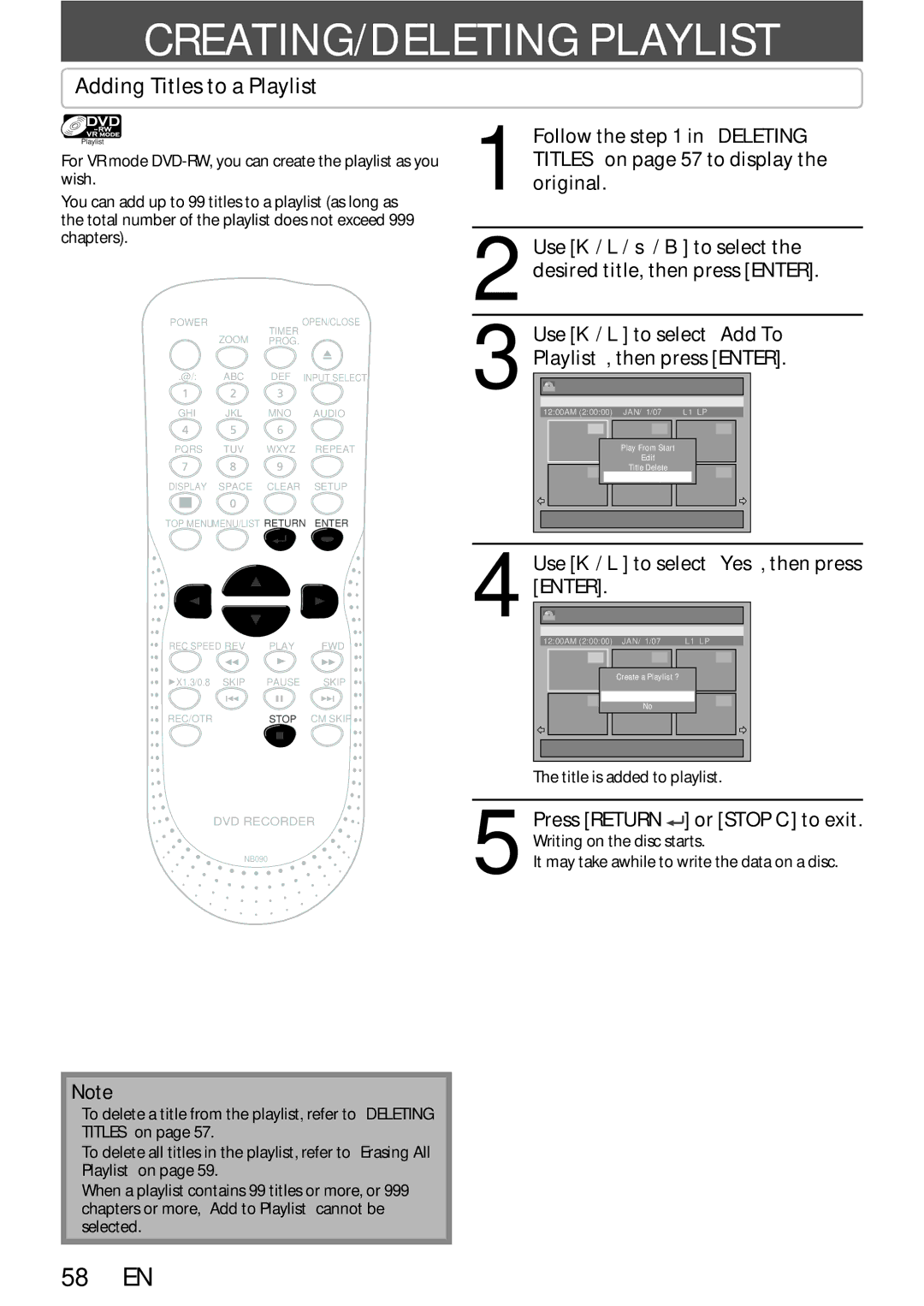 Sylvania DigitalVideoDiscRecorder owner manual CREATING/DELETING Playlist, Adding Titles to a Playlist 