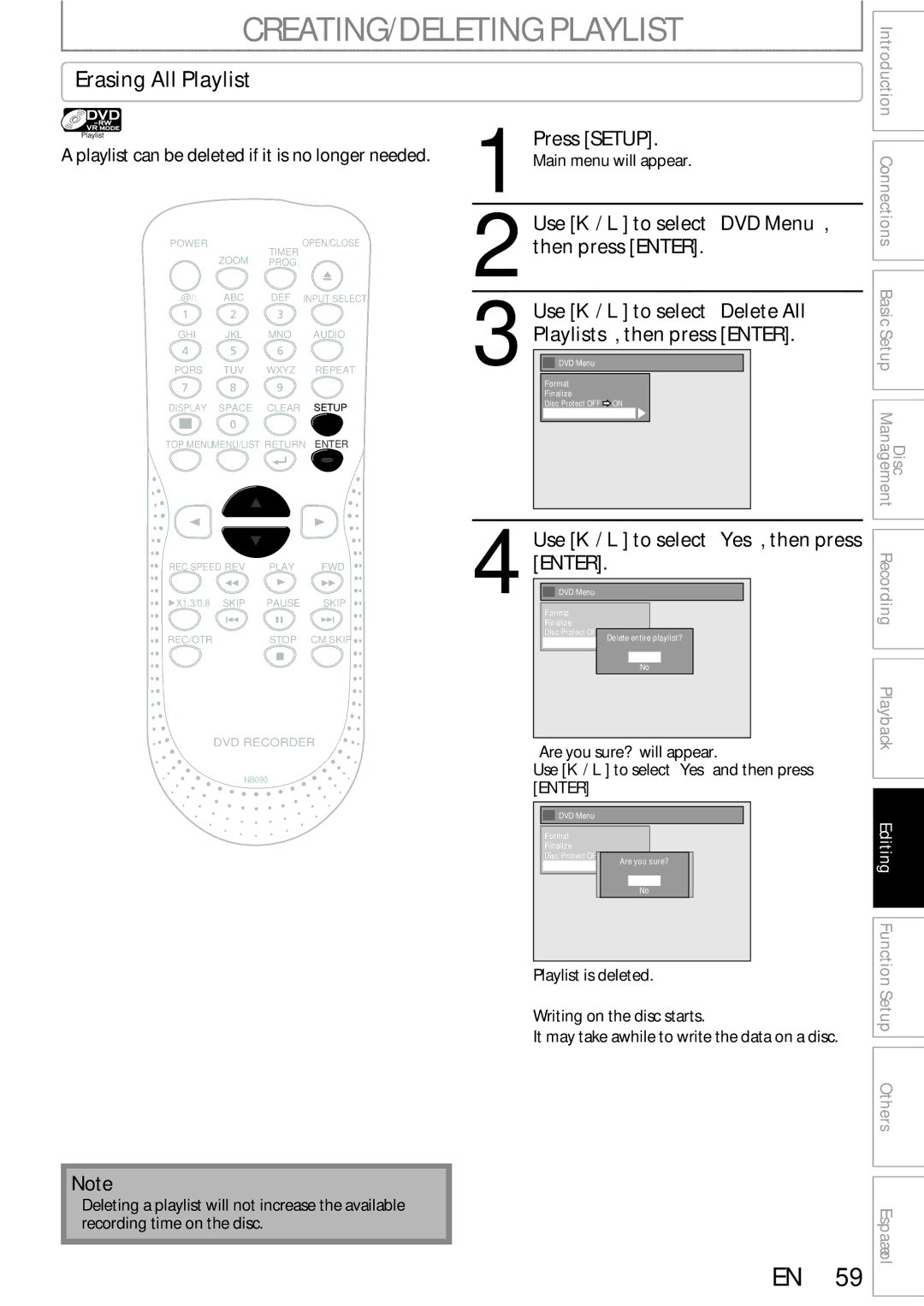 Sylvania DigitalVideoDiscRecorder CREATING/DELETING Playlist, Erasing All Playlist, Main menu will appear, Enter 