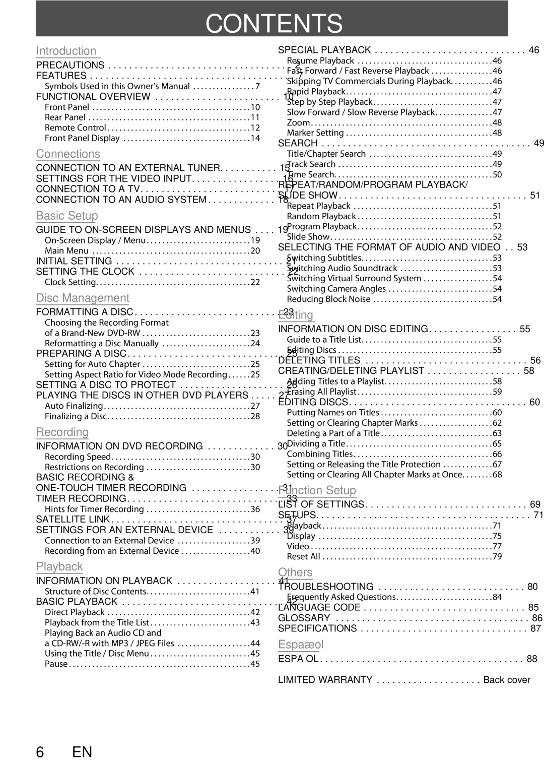 Sylvania DigitalVideoDiscRecorder owner manual Contents 