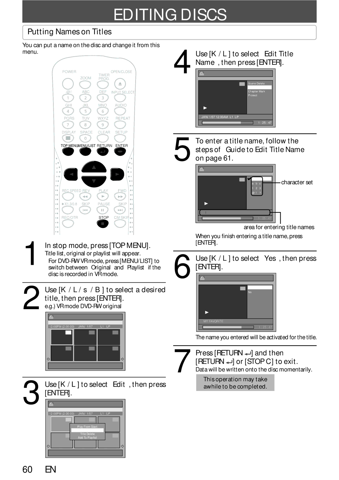 Sylvania DigitalVideoDiscRecorder owner manual Editing Discs, Putting Names on Titles, Use K / L to select Edit, then press 