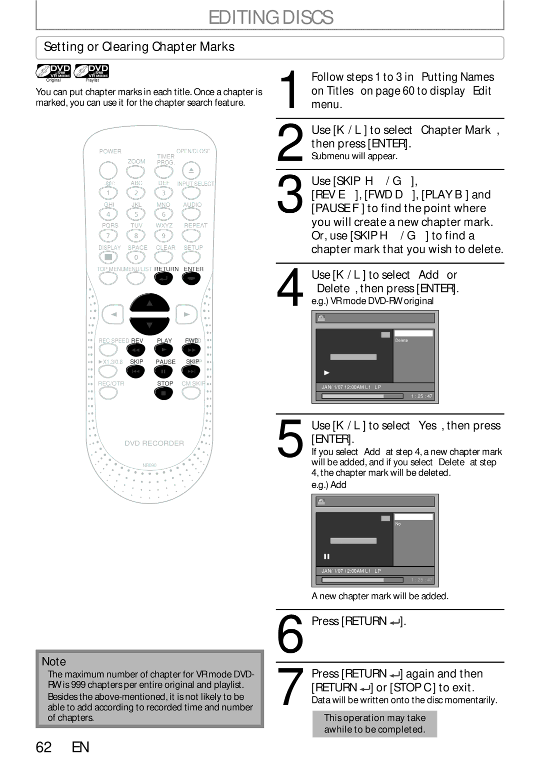 Sylvania DigitalVideoDiscRecorder Setting or Clearing Chapter Marks, Use Skip H / G, Press Return, Submenu will appear 