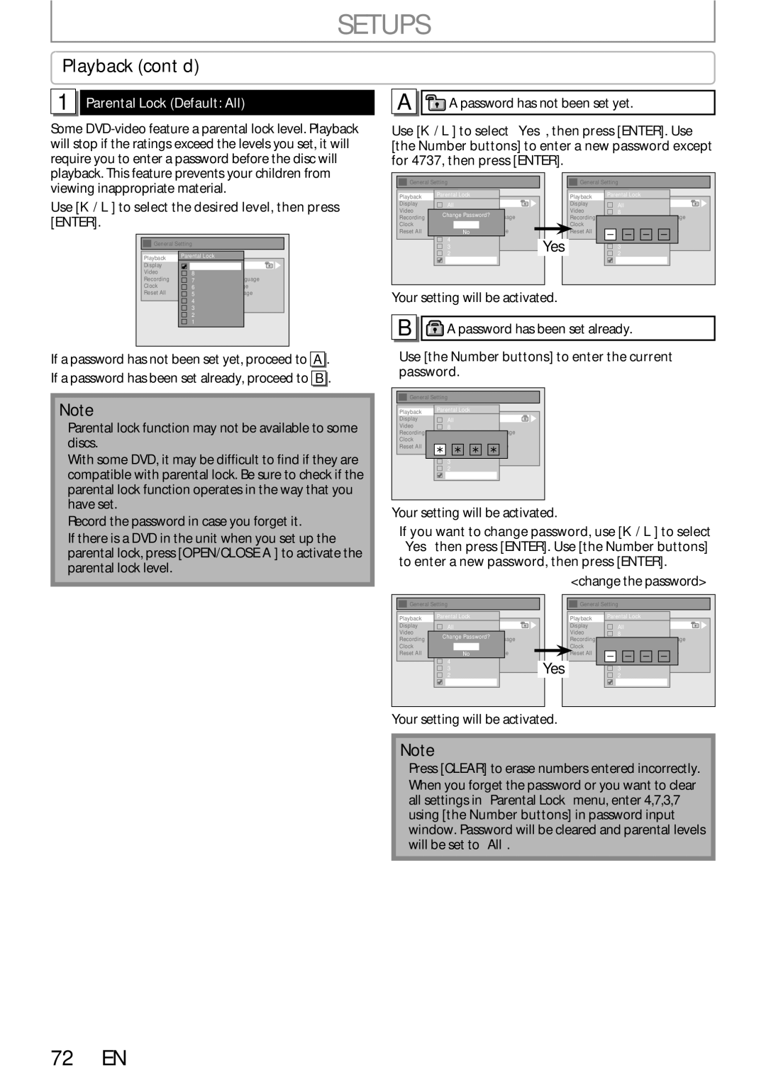 Sylvania DigitalVideoDiscRecorder owner manual Setups, Playback cont’d, Parental Lock Default All 