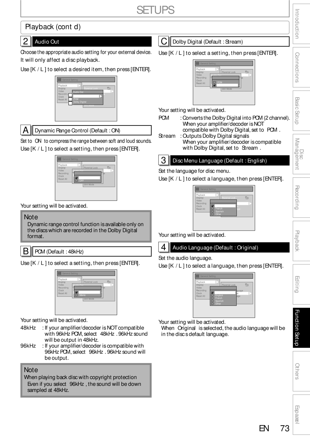 Sylvania DigitalVideoDiscRecorder Audio Out, Pcm, Disc Menu Language Default English, Audio Language Default Original 