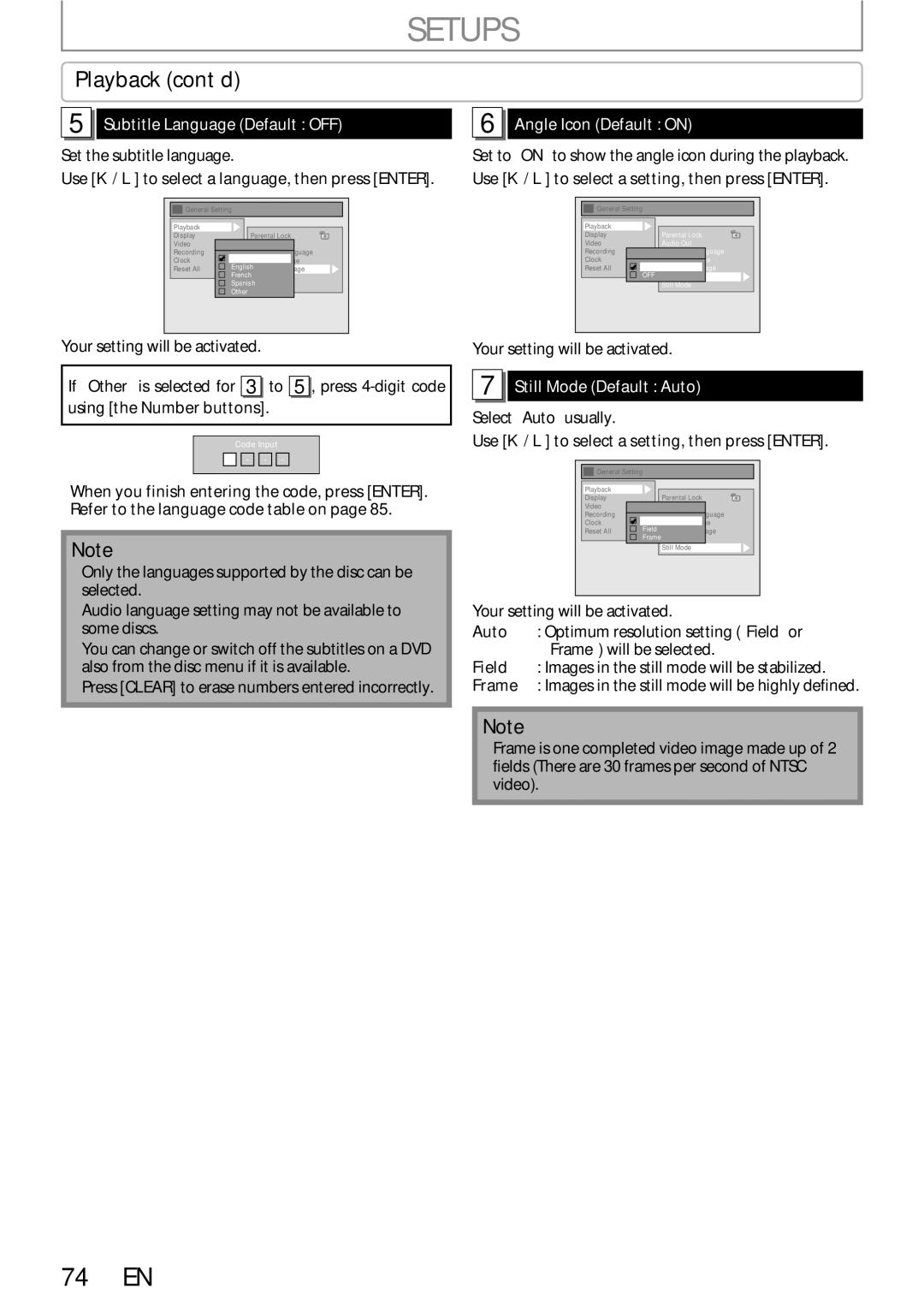 Sylvania DigitalVideoDiscRecorder Subtitle Language Default OFF, Angle Icon Default on, Still Mode Default Auto 