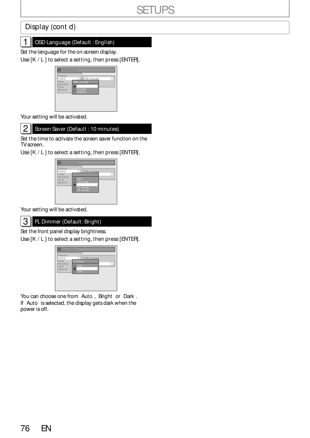 Sylvania DigitalVideoDiscRecorder Display cont’d, OSD Language Default English, Screen Saver Default 10 minutes 