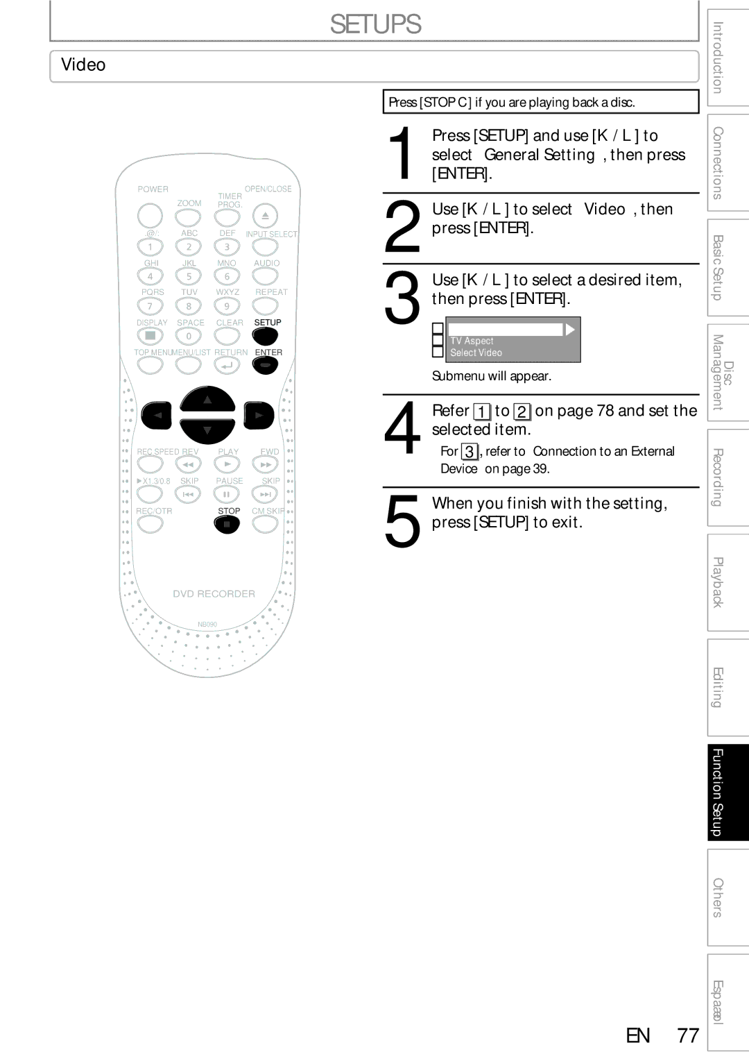 Sylvania DigitalVideoDiscRecorder owner manual Refer 1 to 2 on page 78 and set the selected item 