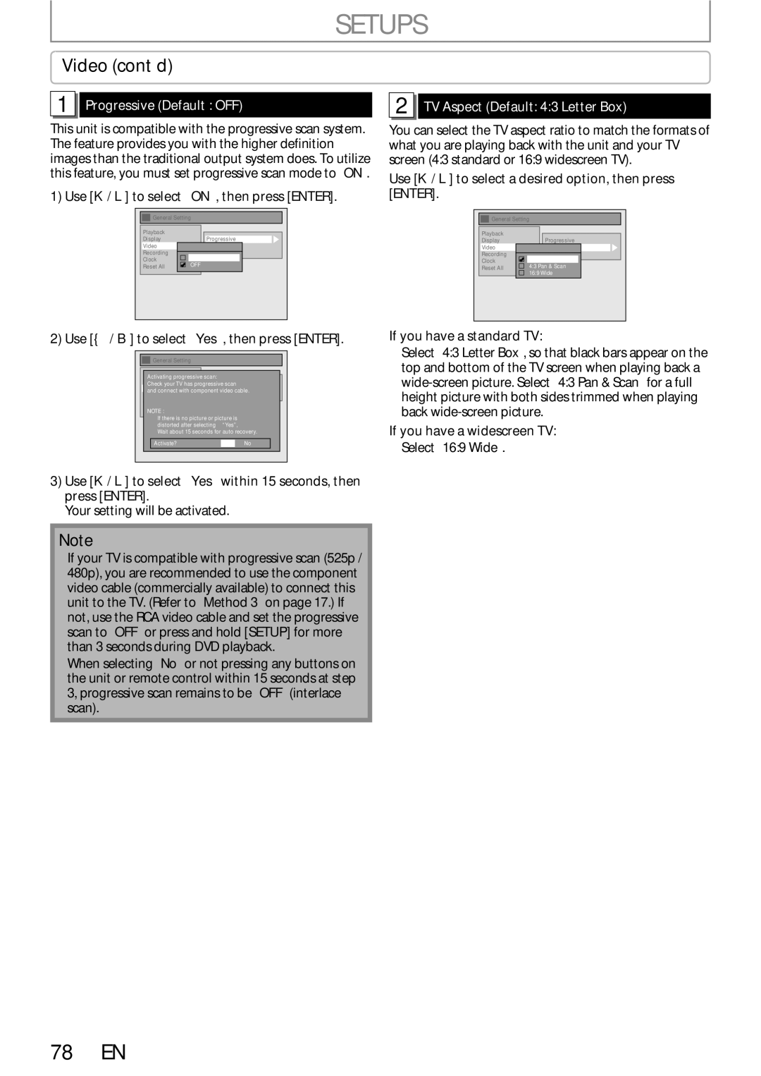 Sylvania DigitalVideoDiscRecorder owner manual Video cont’d, Progressive Default OFF, TV Aspect Default 43 Letter Box 