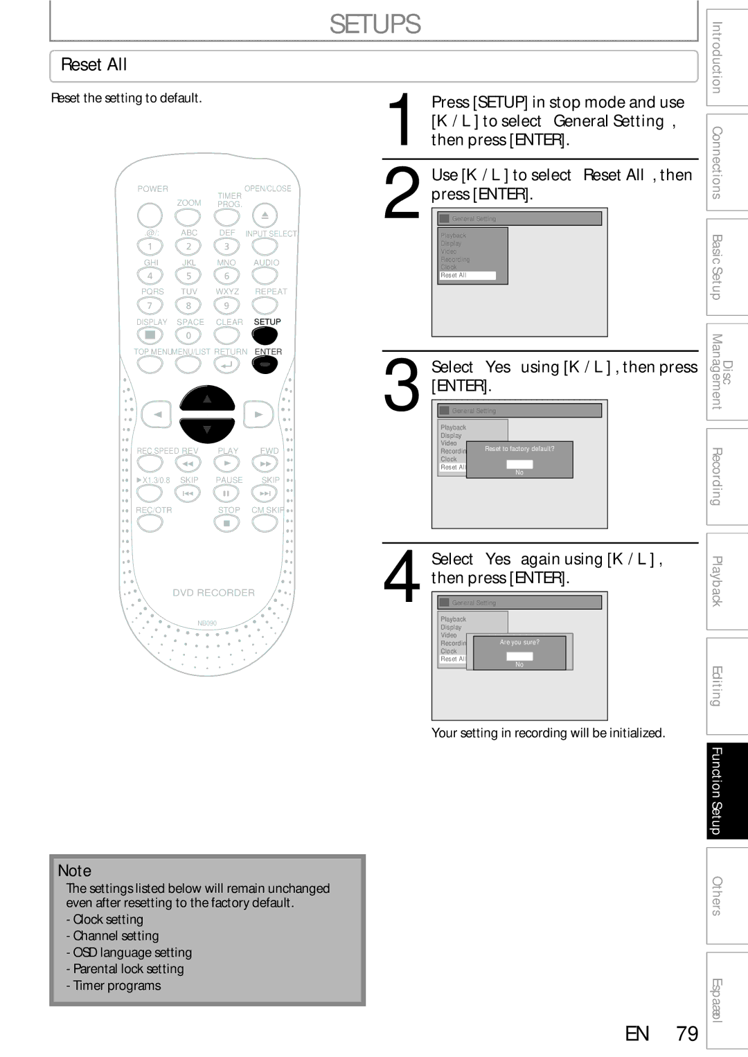 Sylvania DigitalVideoDiscRecorder owner manual Reset All, Select Yes using K / L , then press Enter, Function Setup 