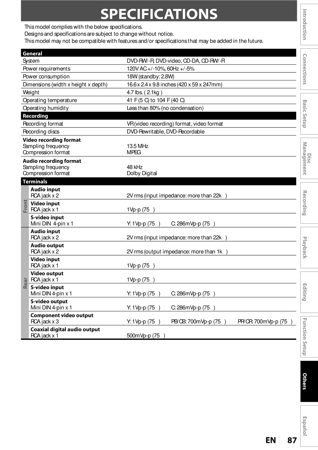 Sylvania DigitalVideoDiscRecorder owner manual Specifications, General, Recording, Terminals 