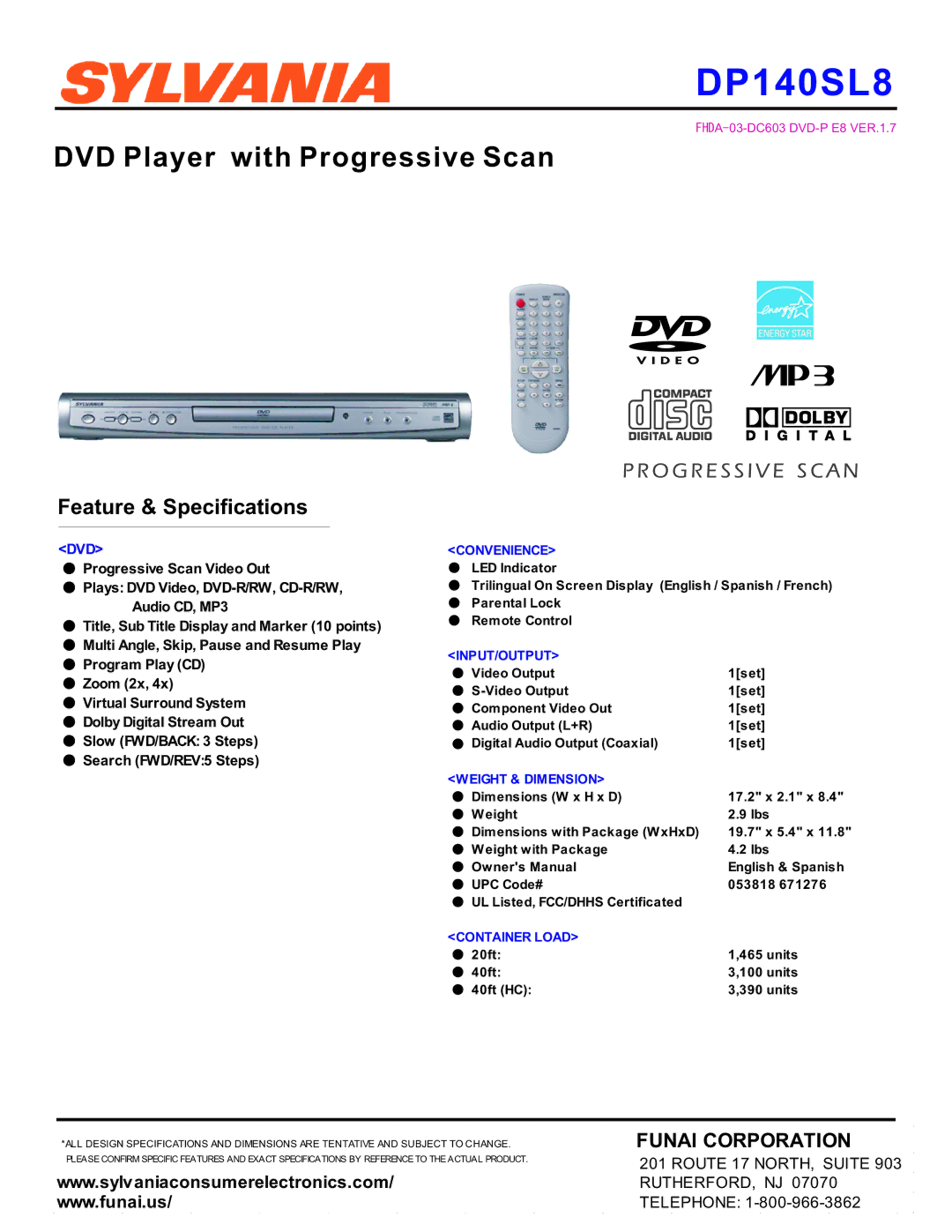 Sylvania DP140SL8 specifications DVD Player with Progressive Scan, Feature & Specifications, Funai Corporation, Dvd 