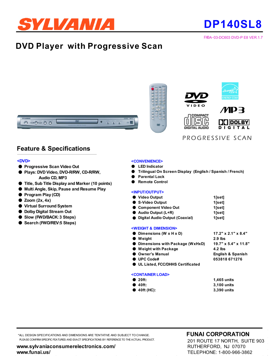 Sylvania DP140SL8 specifications DVD Player with Progressive Scan, Feature & Specifications, Funai Corporation, Telephone 