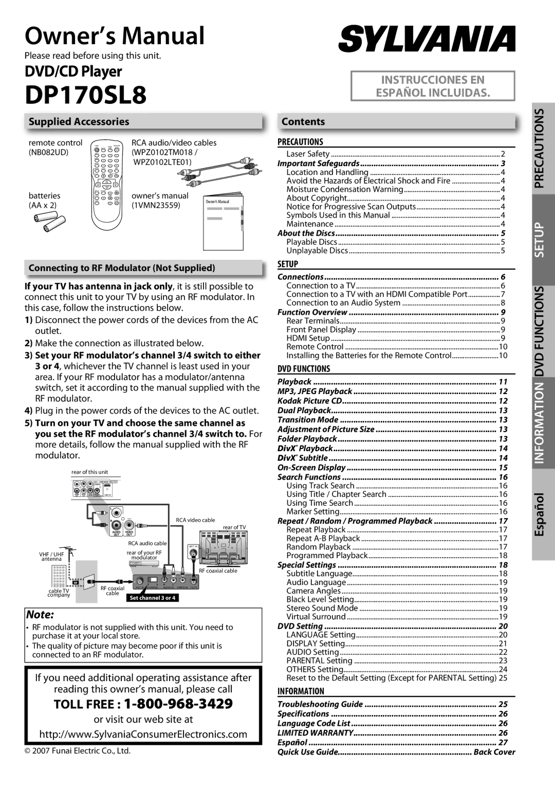 Sylvania DP170SL8 owner manual Supplied Accessories, Contents 