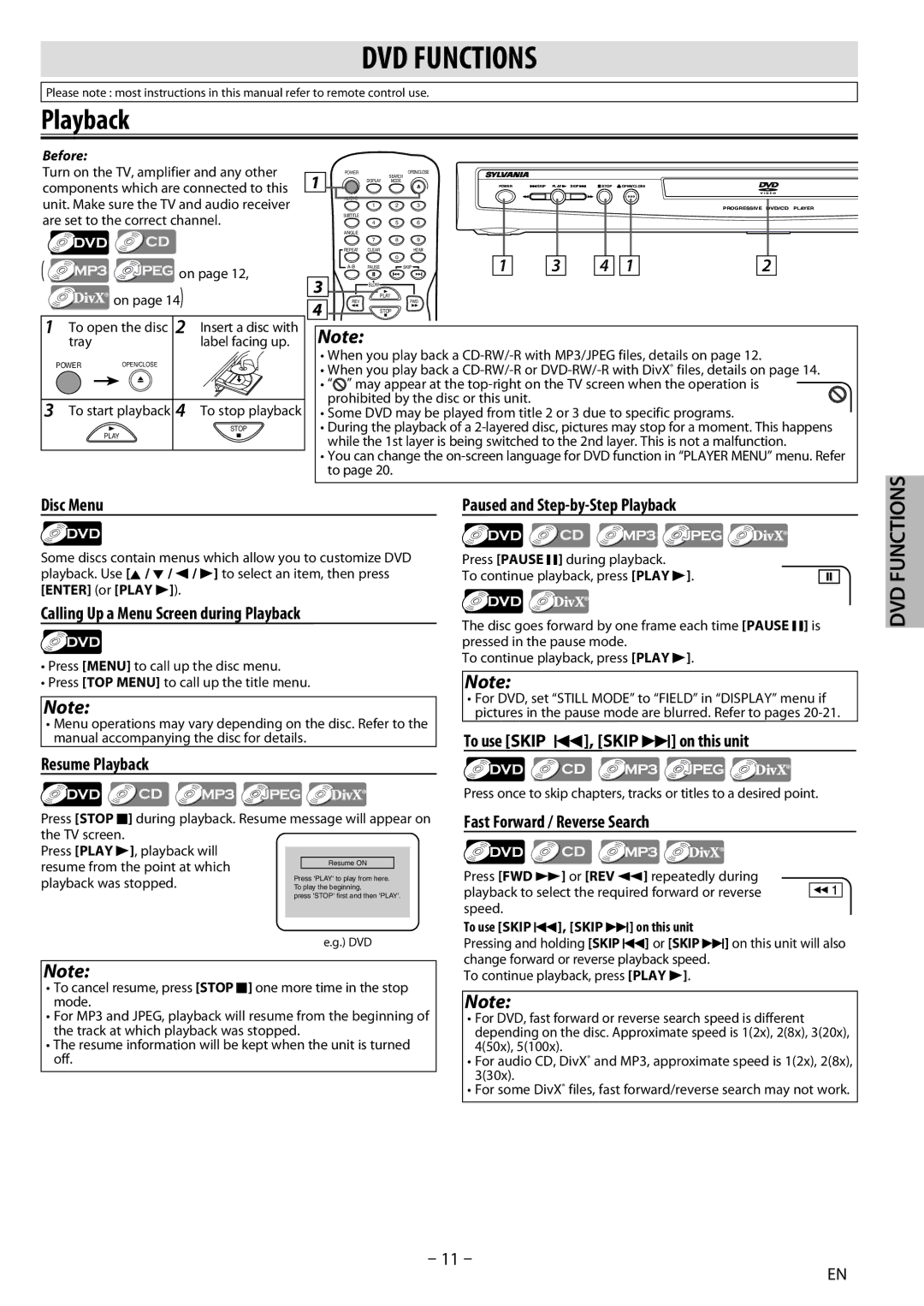 Sylvania DP170SL8 owner manual Playback 