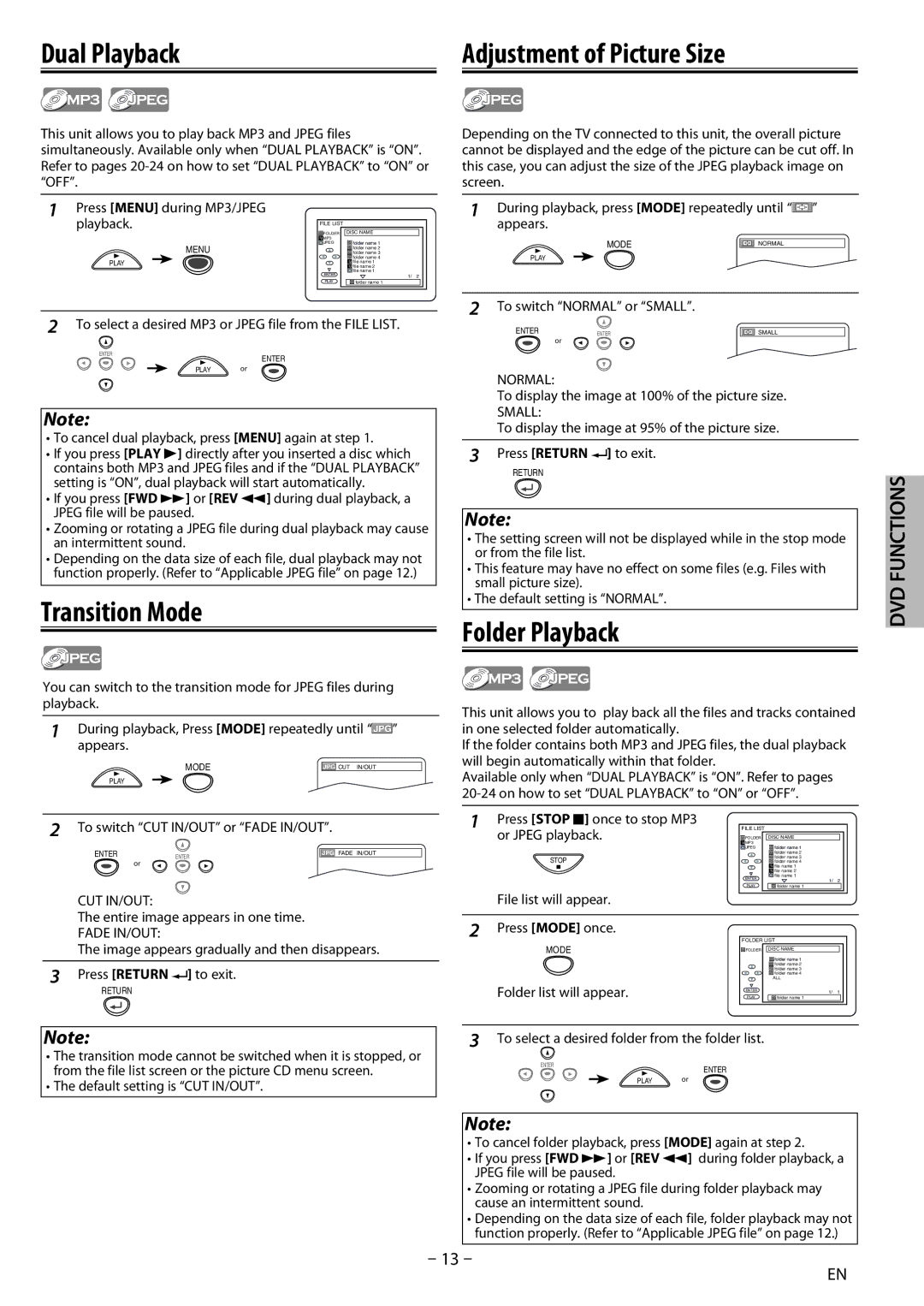 Sylvania DP170SL8 owner manual Dual Playback Adjustment of Picture Size, Transition Mode, Folder Playback 