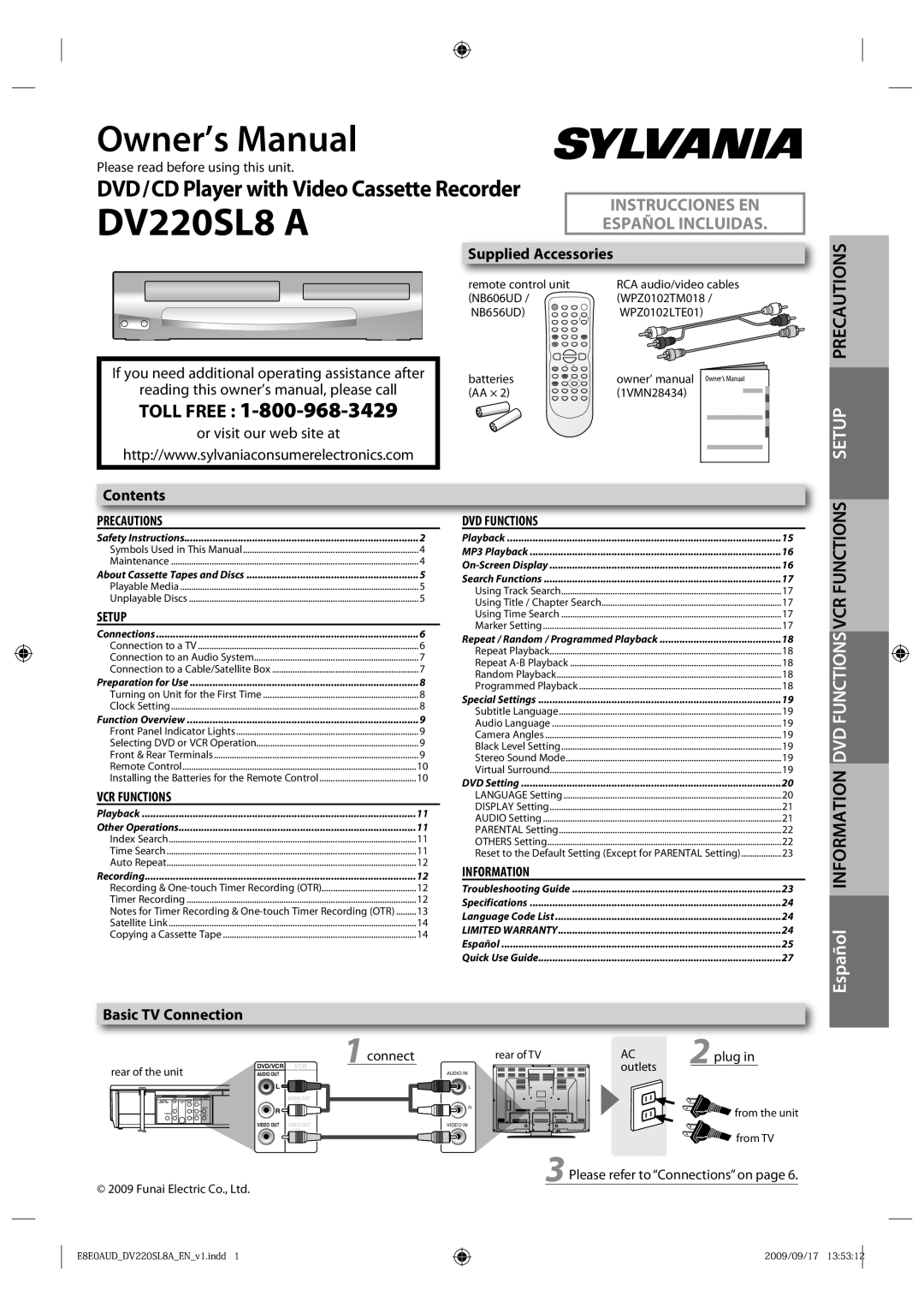 Sylvania DV220SL8 A owner manual Supplied Accessories, Contents, Basic TV Connection 