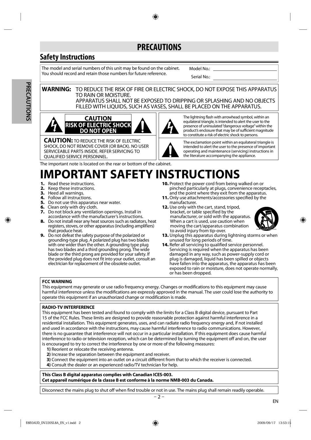 Sylvania DV220SL8 A owner manual Safety Instructions 