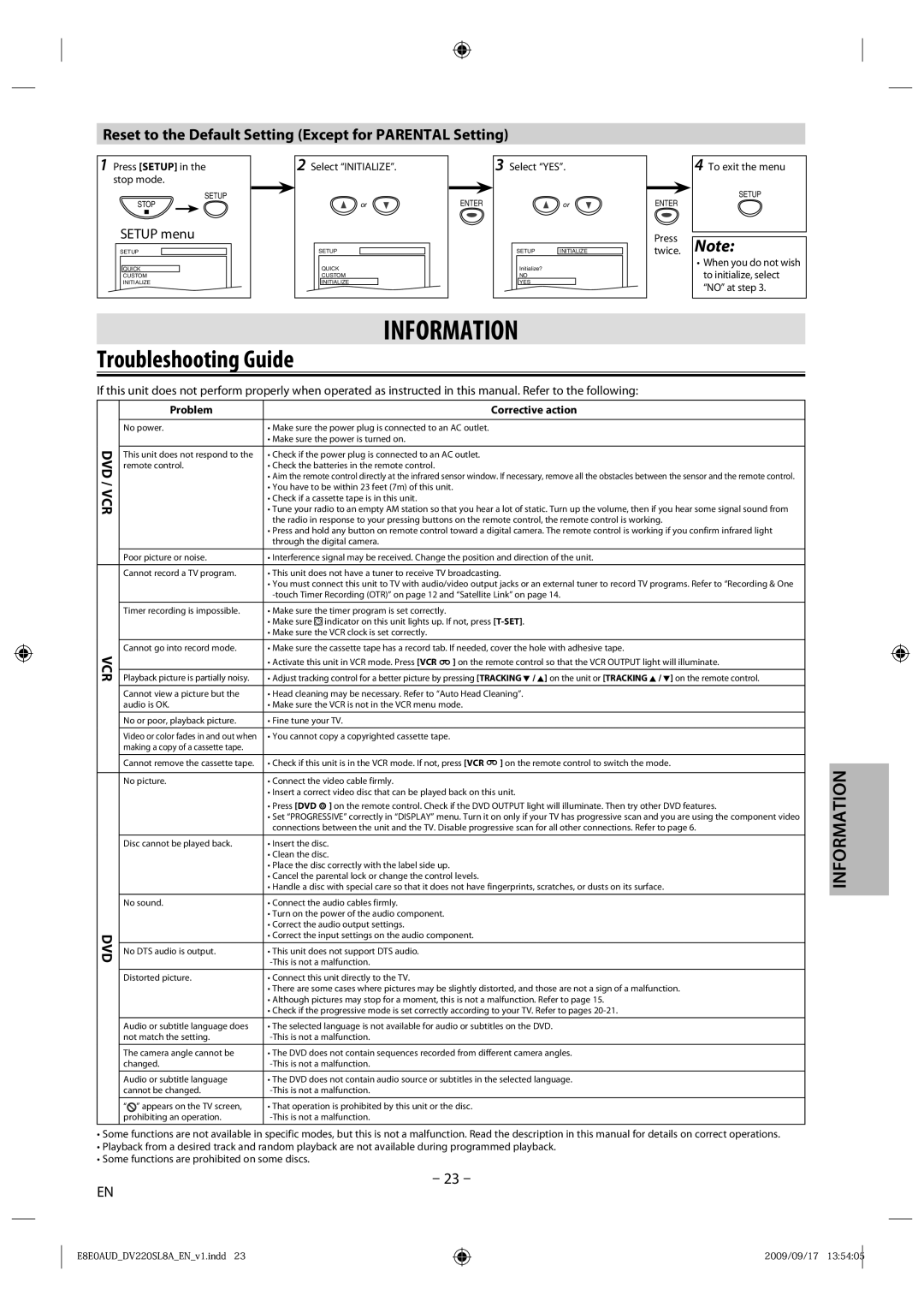 Sylvania DV220SL8 A owner manual Troubleshooting Guide, Reset to the Default Setting Except for Parental Setting, Dvd 