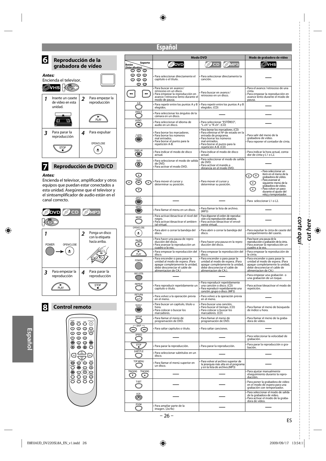 Sylvania DV220SL8 A owner manual Reproducción de la, Grabadora de vídeo, Reproducción de DVD/CD, Control remoto 