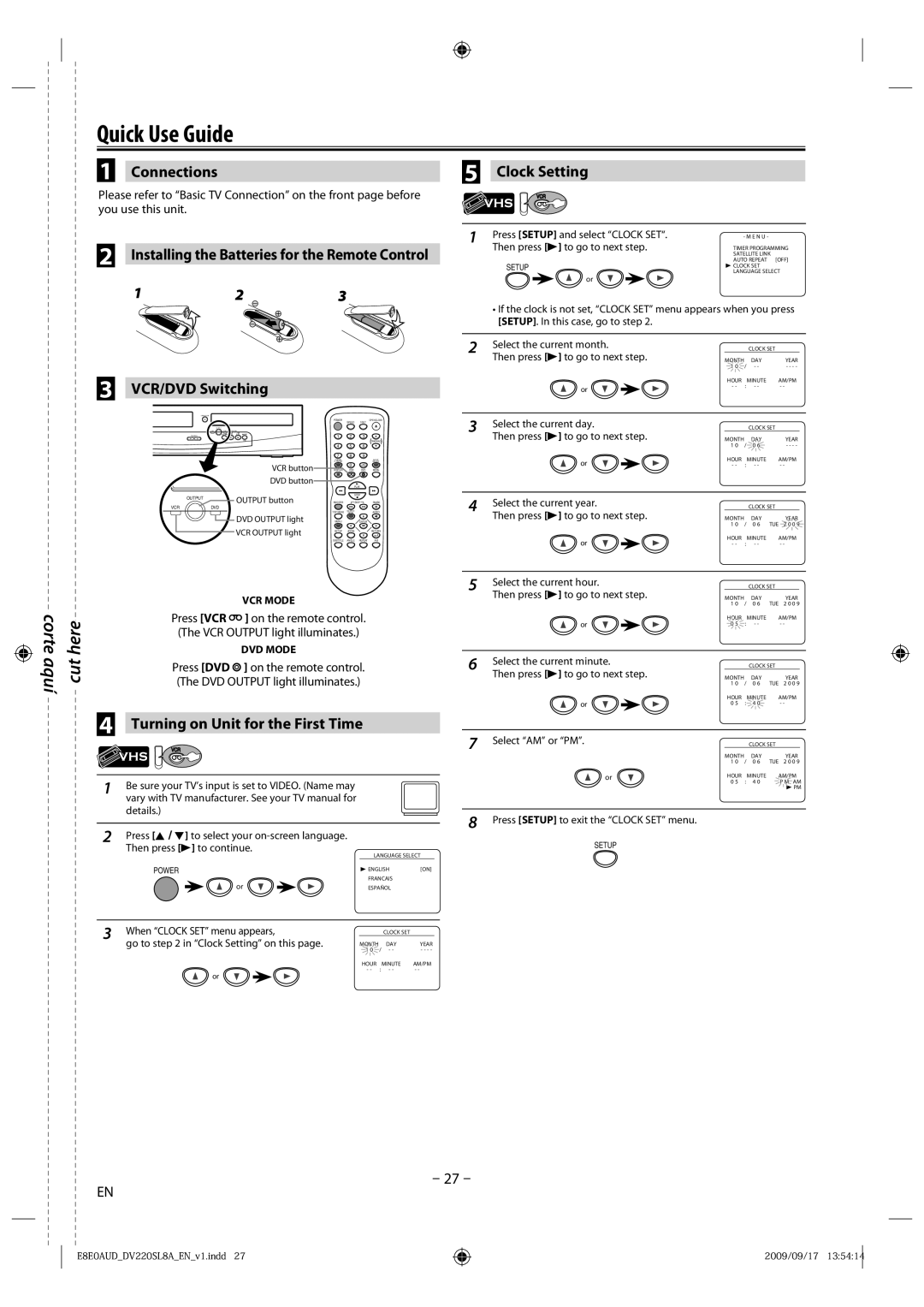 Sylvania DV220SL8 A Quick Use Guide, Connections, VCR/DVD Switching, Clock Setting, Turning on Unit for the First Time 