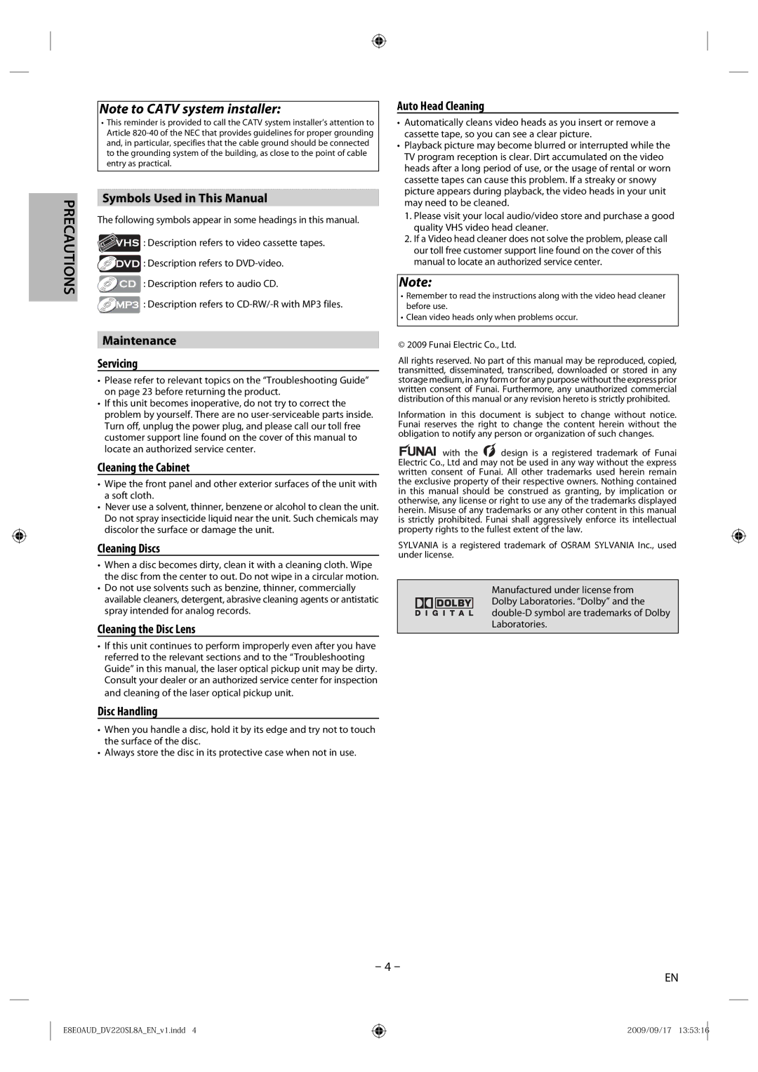 Sylvania DV220SL8 A owner manual Symbols Used in This Manual, Maintenance Servicing, Cleaning the Cabinet, Cleaning Discs 