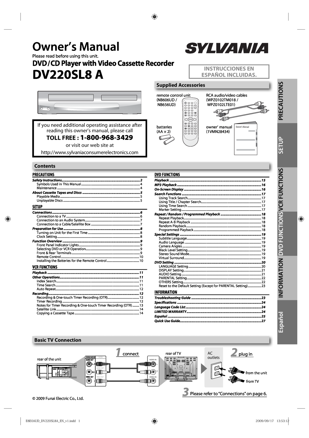 Sylvania DV220SL8 A owner manual Owner’s Manual, DVD/CD Player with Video Cassette Recorder, Supplied Accessories, Setup 