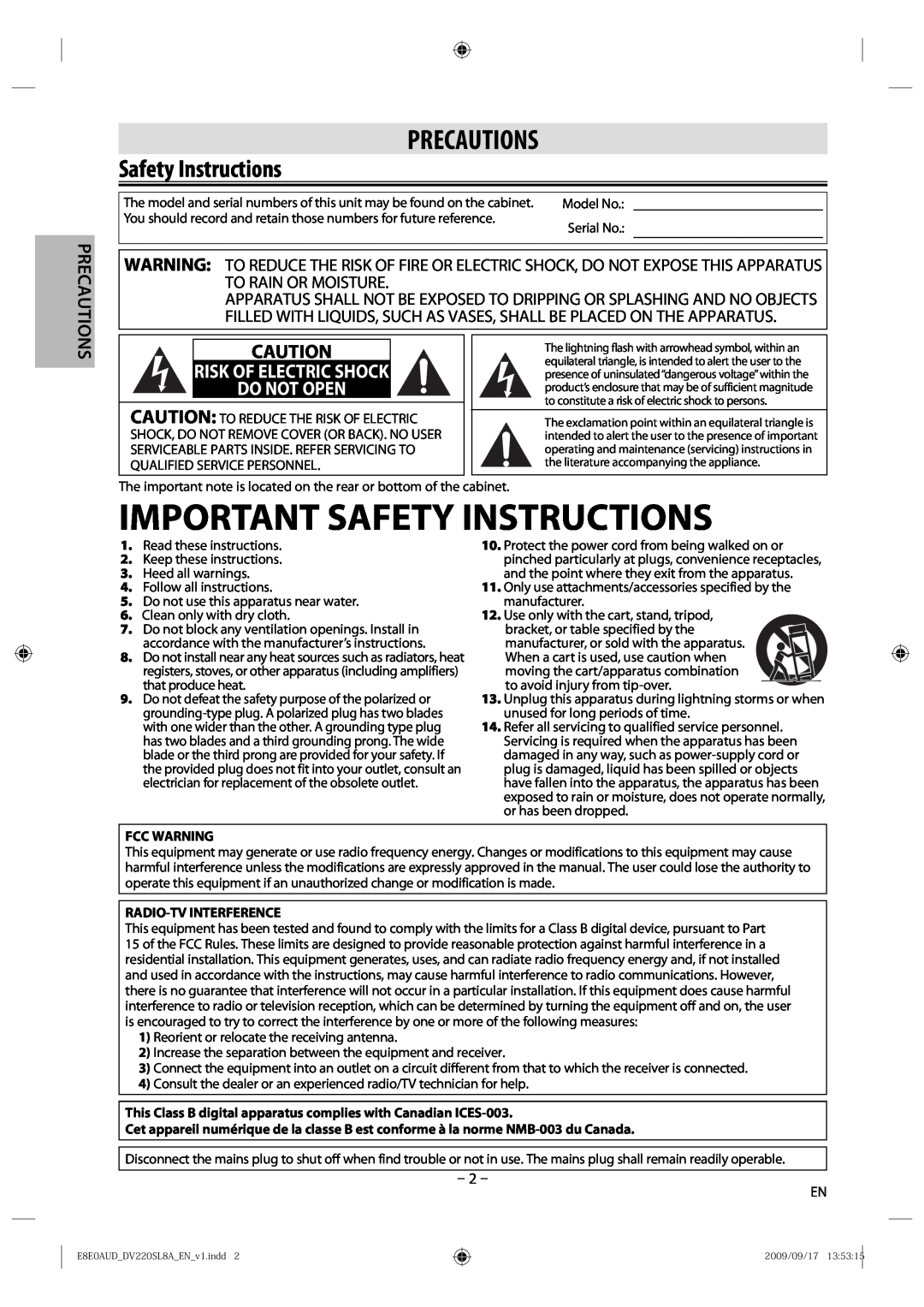 Sylvania DV220SL8 A Important Safety Instructions, Precautions, Risk Of Electric Shock, Fcc Warning, Radio-Tv Interference 
