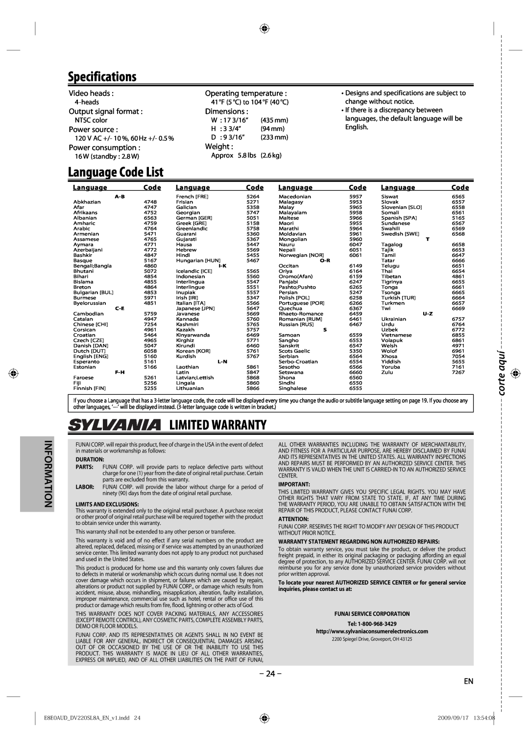 Sylvania DV220SL8 A owner manual Specifications, Limited Warranty, corte aquí, Language Code List, Information 