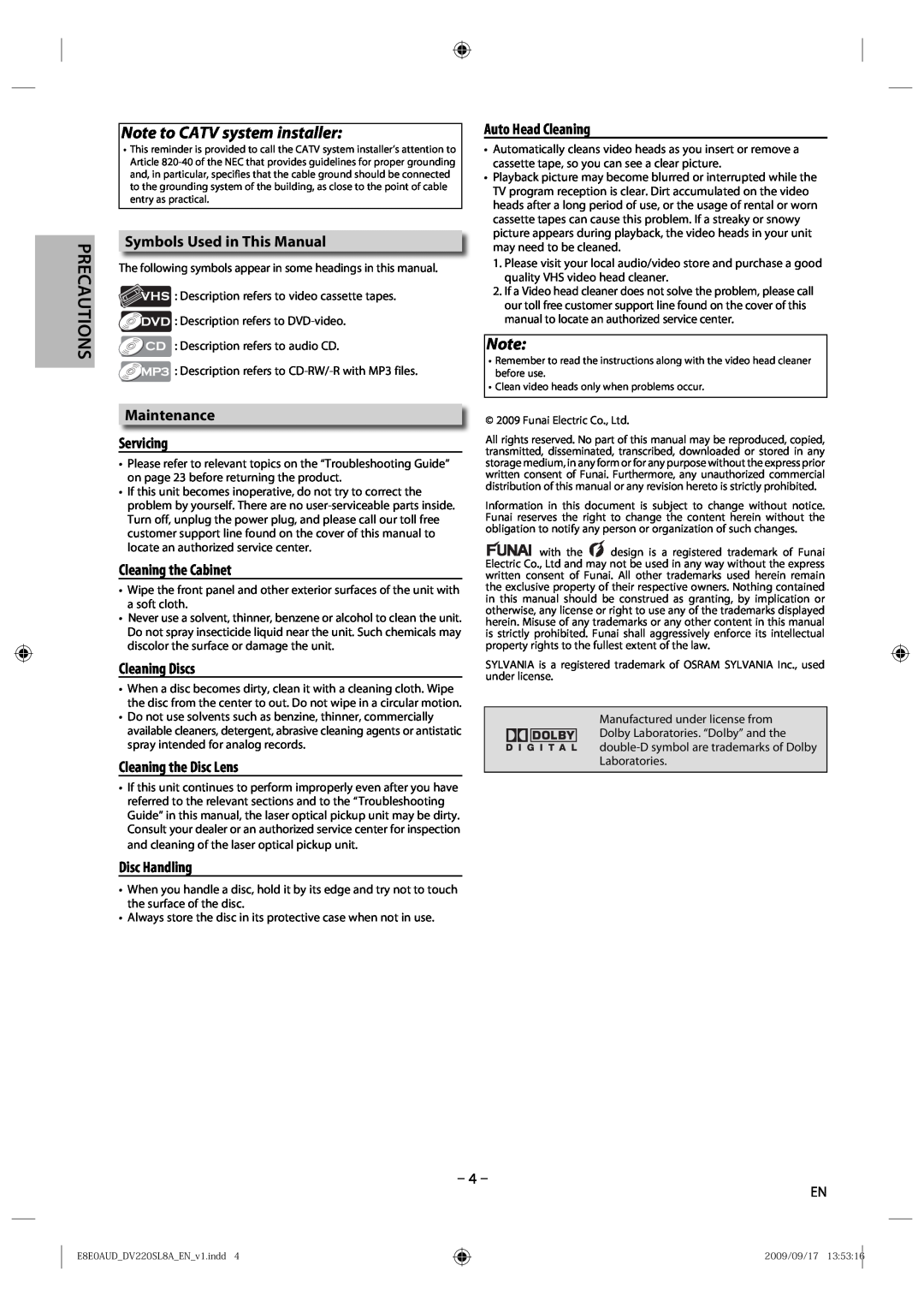 Sylvania DV220SL8 A Note to CATV system installer, Symbols Used in This Manual, Maintenance Servicing, Cleaning Discs 