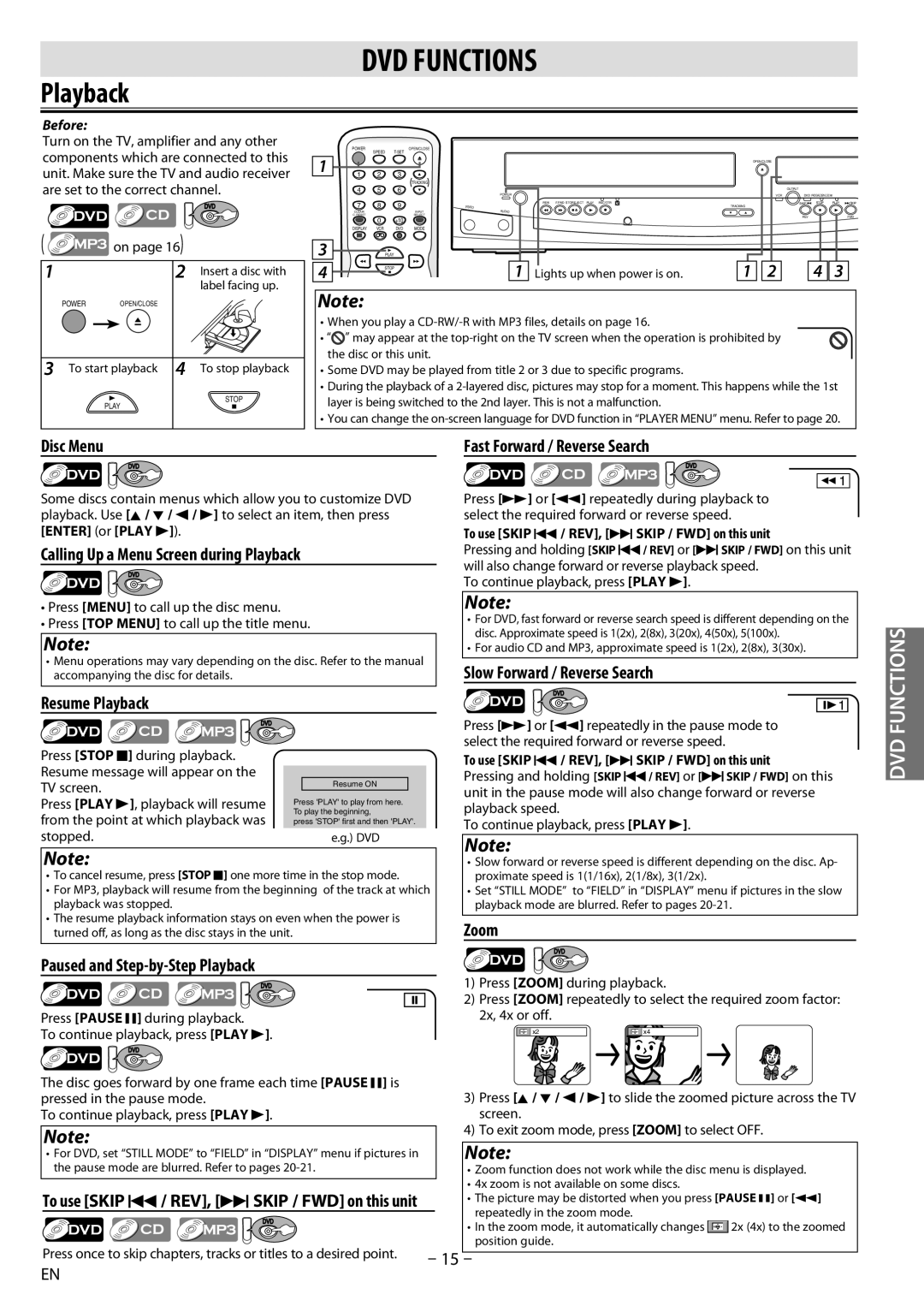 Sylvania dv220sl8 owner manual DVD Functions 