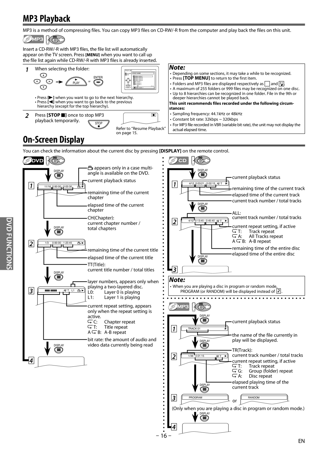 Sylvania dv220sl8 owner manual MP3 Playback, On-Screen Display 