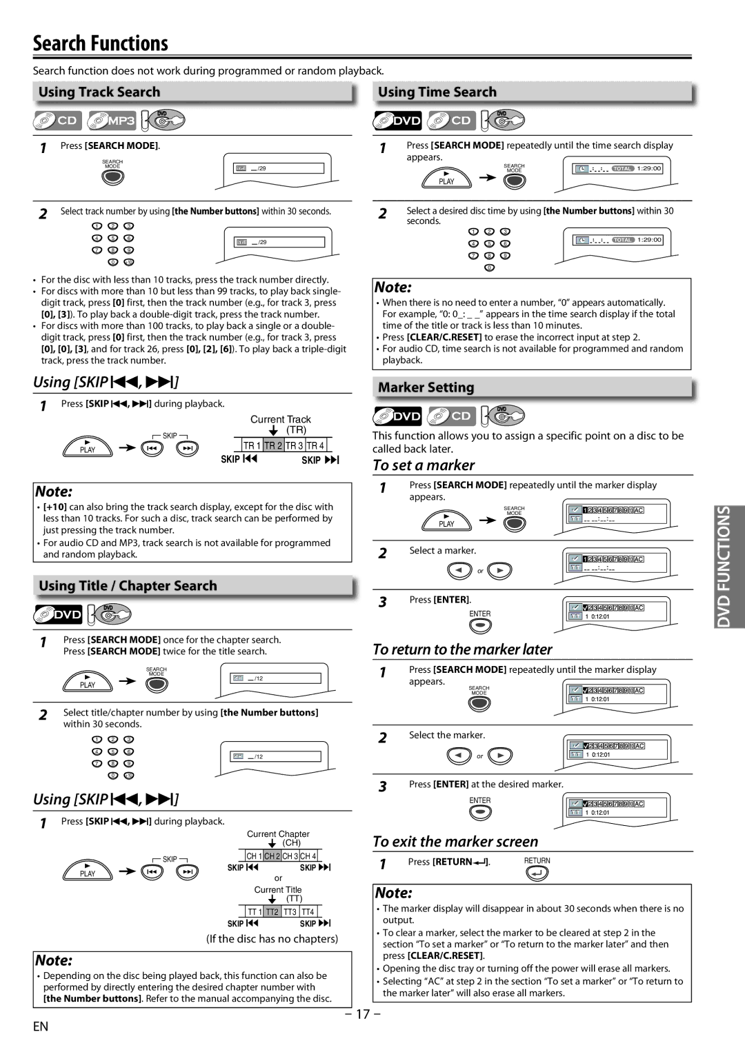 Sylvania dv220sl8 Search Functions, Using Track Search, Using Time Search, Using Title / Chapter Search, Marker Setting 