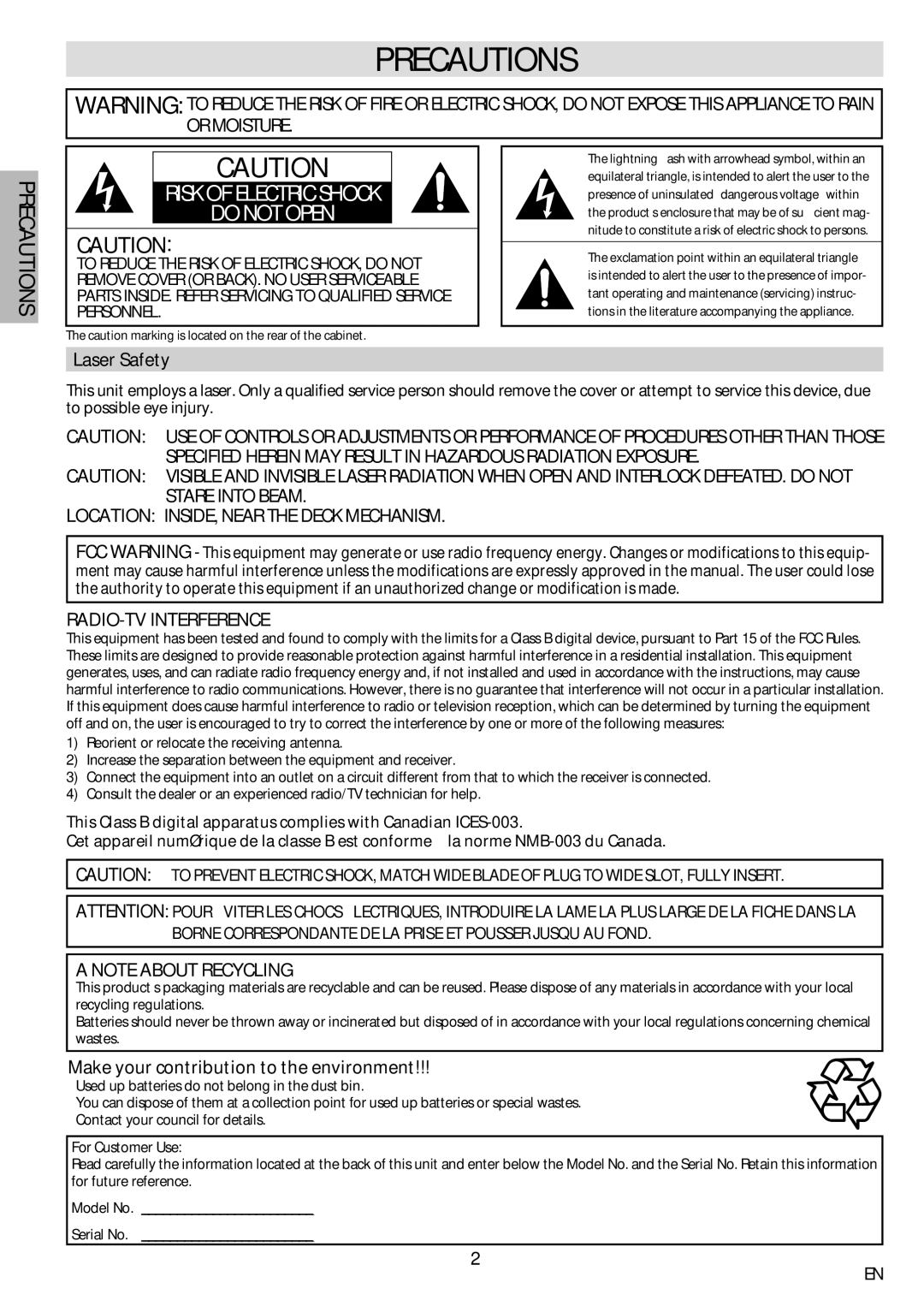 Sylvania dv220sl8 owner manual Precautions, Laser Safety, Make your contribution to the environment 