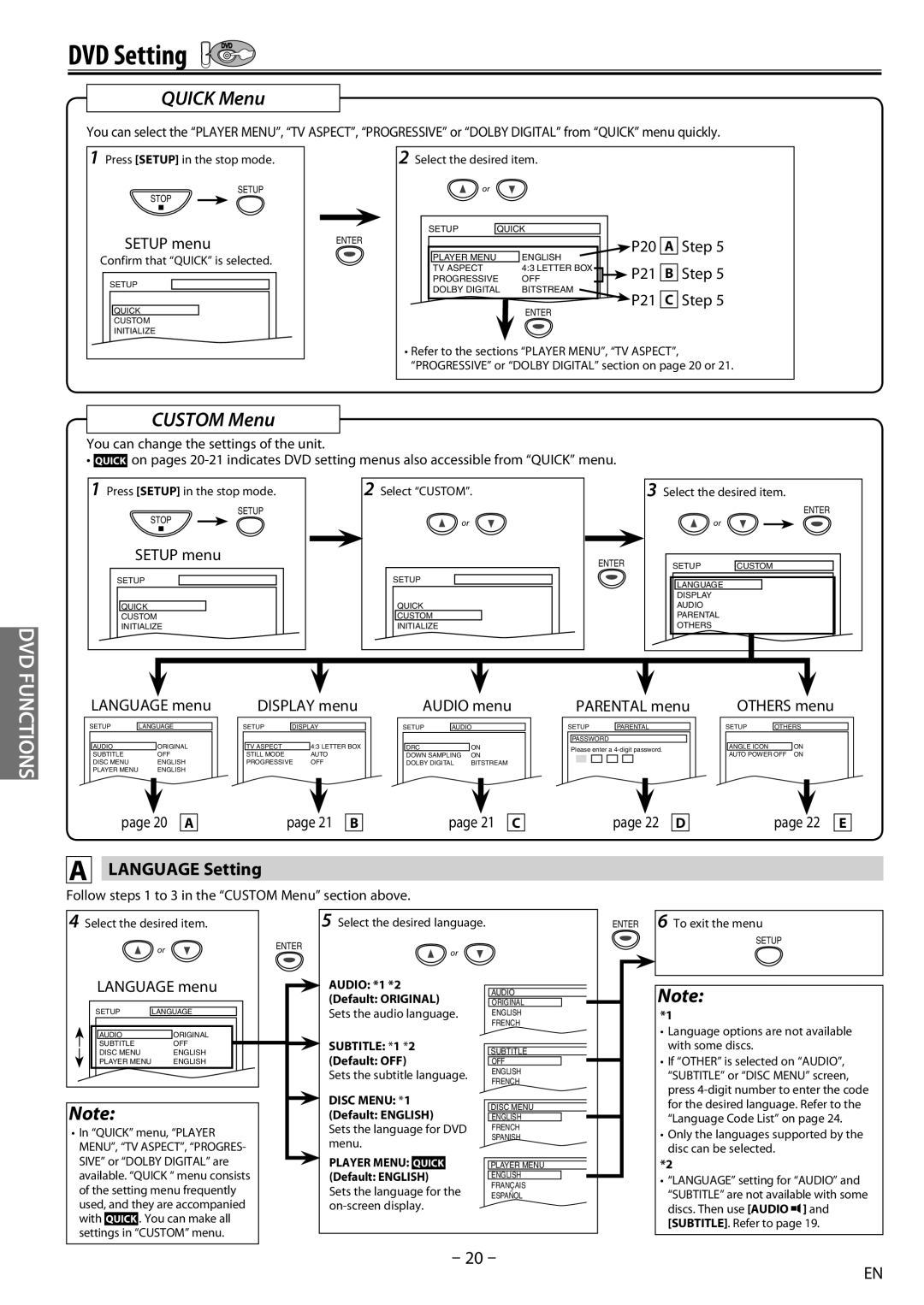 Sylvania dv220sl8 owner manual Language Setting, Step, Parental menu, Follow steps 1 to 3 in the Custom Menu section above 