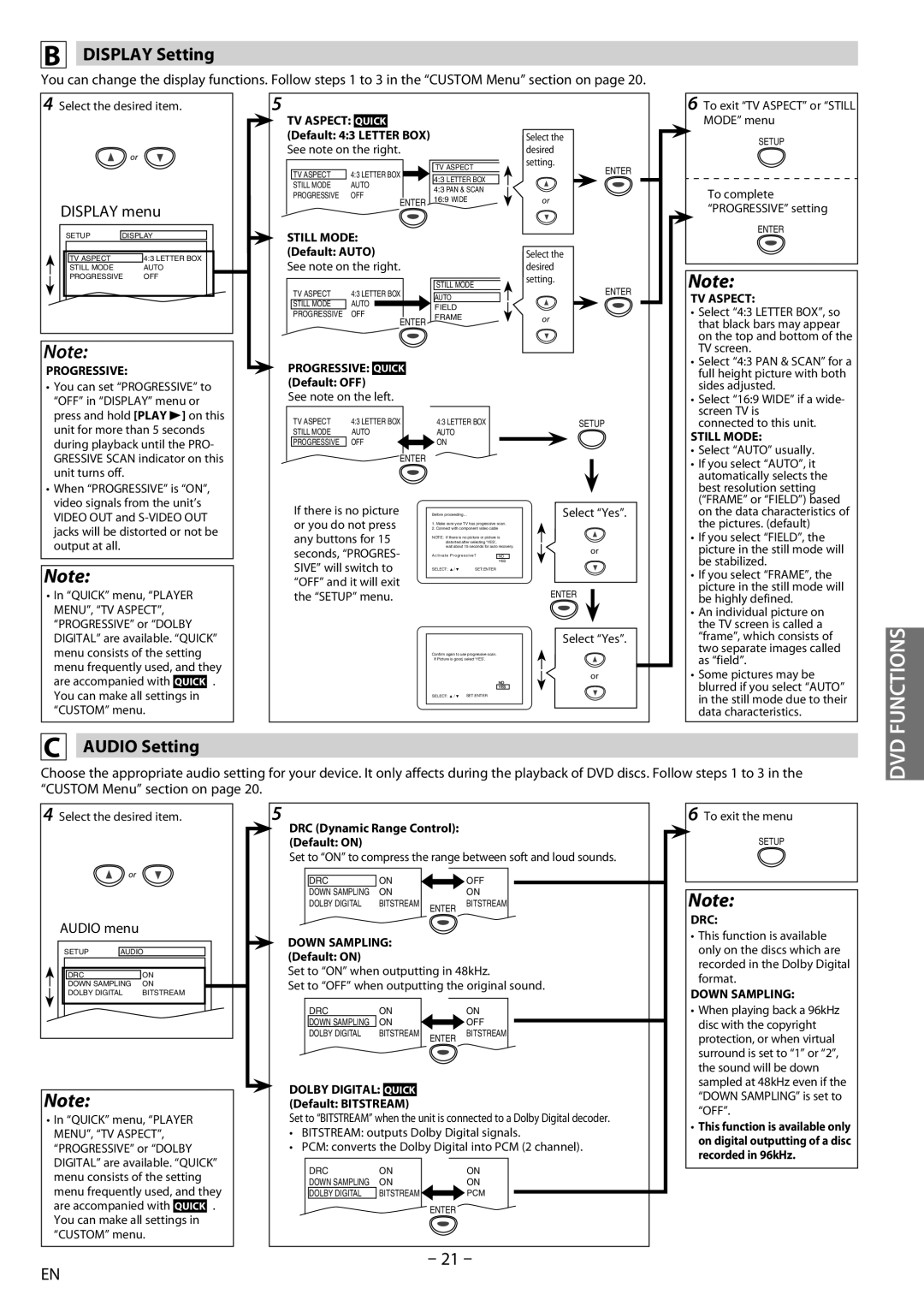 Sylvania dv220sl8 owner manual Display Setting, Audio Setting, Display menu, Audio menu 